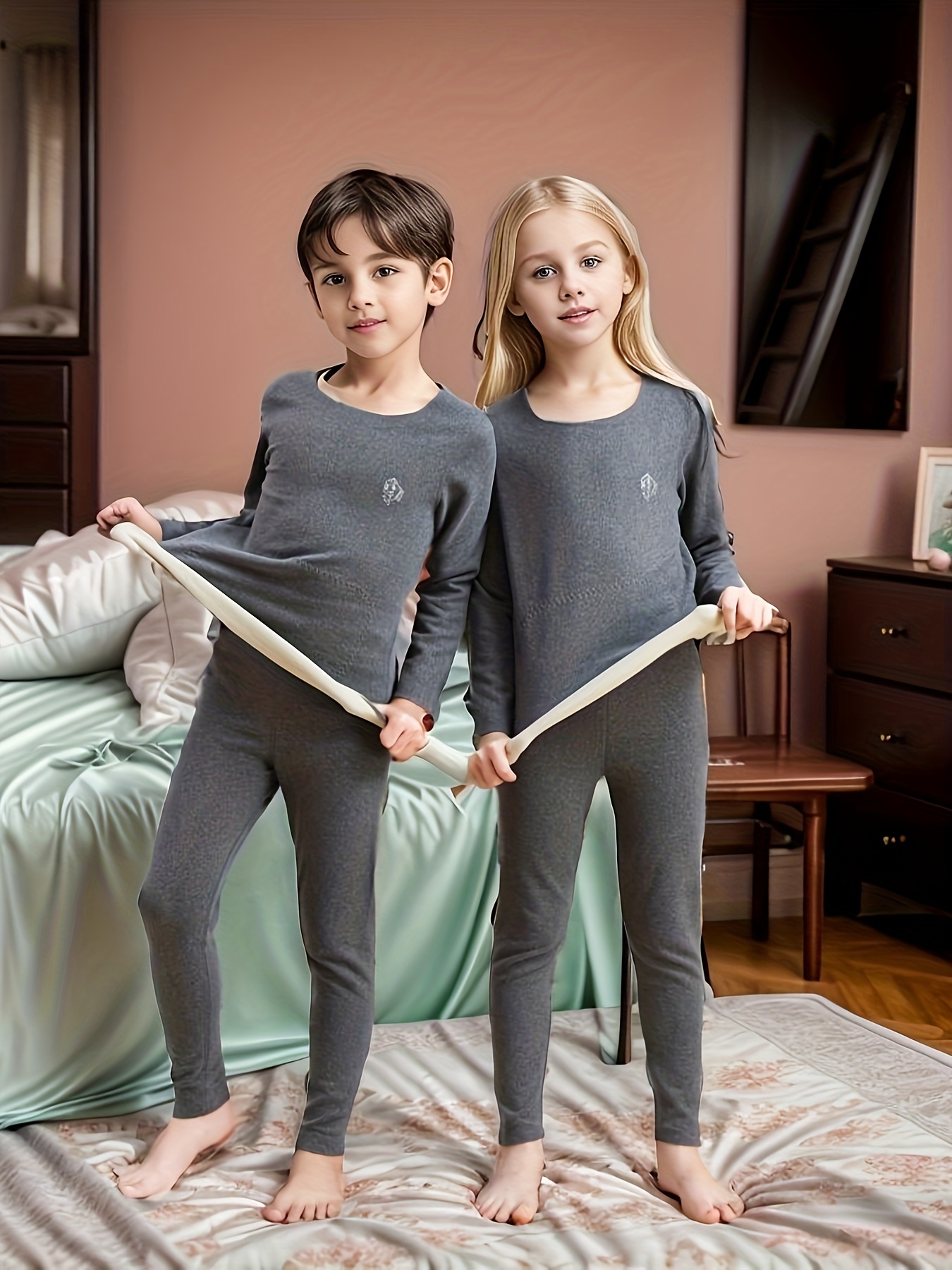 Ensemble de pyjama d'hiver pour enfants, sous-vêtement thermique, chaud,  épais, glouton, sourire, garçons, filles