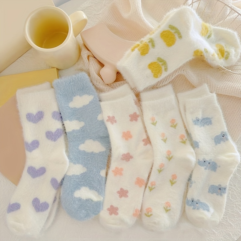 

5 Pairs Cloud & Star Pattern Socks, Cute Japanese Style Warm Fluffy Mid Tube Socks For Fall & Winter, Women's Stockings & Hosiery