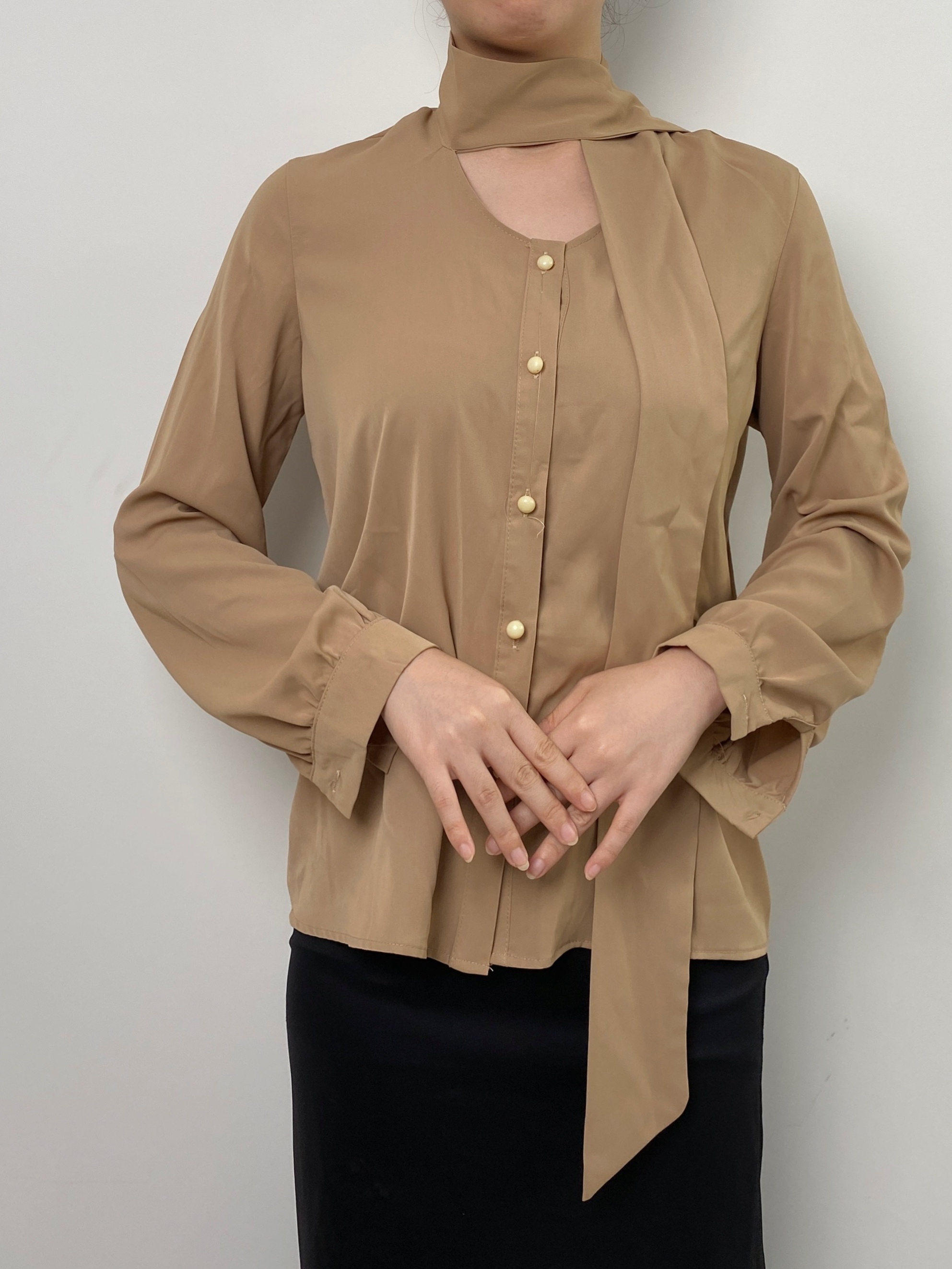 Bow Front Solid Blouse Elegant Long Sleeve Blouse Spring - Temu