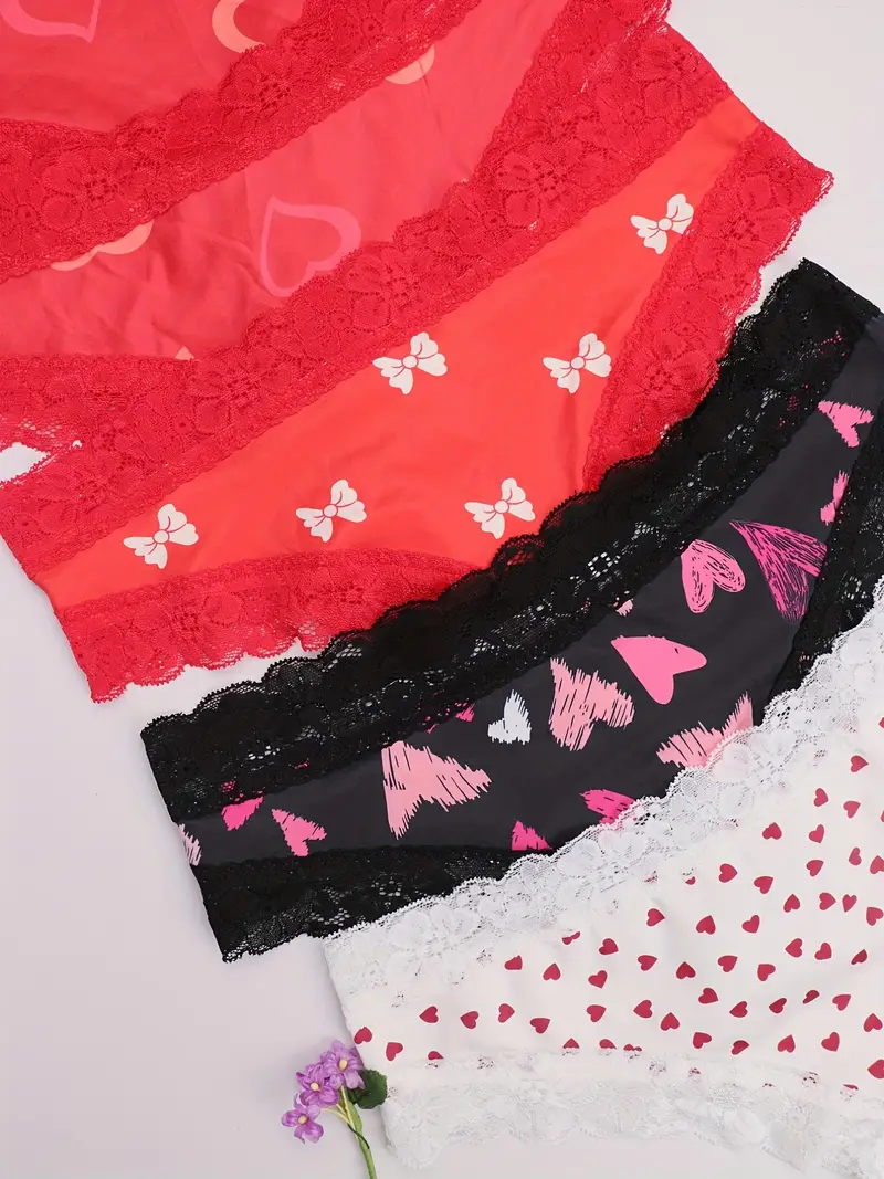 5pcs Heart Print Hipster Panties, Comfy & Cute Low Waist Lace Trim Panties,  Women's Lingerie & Underwear
