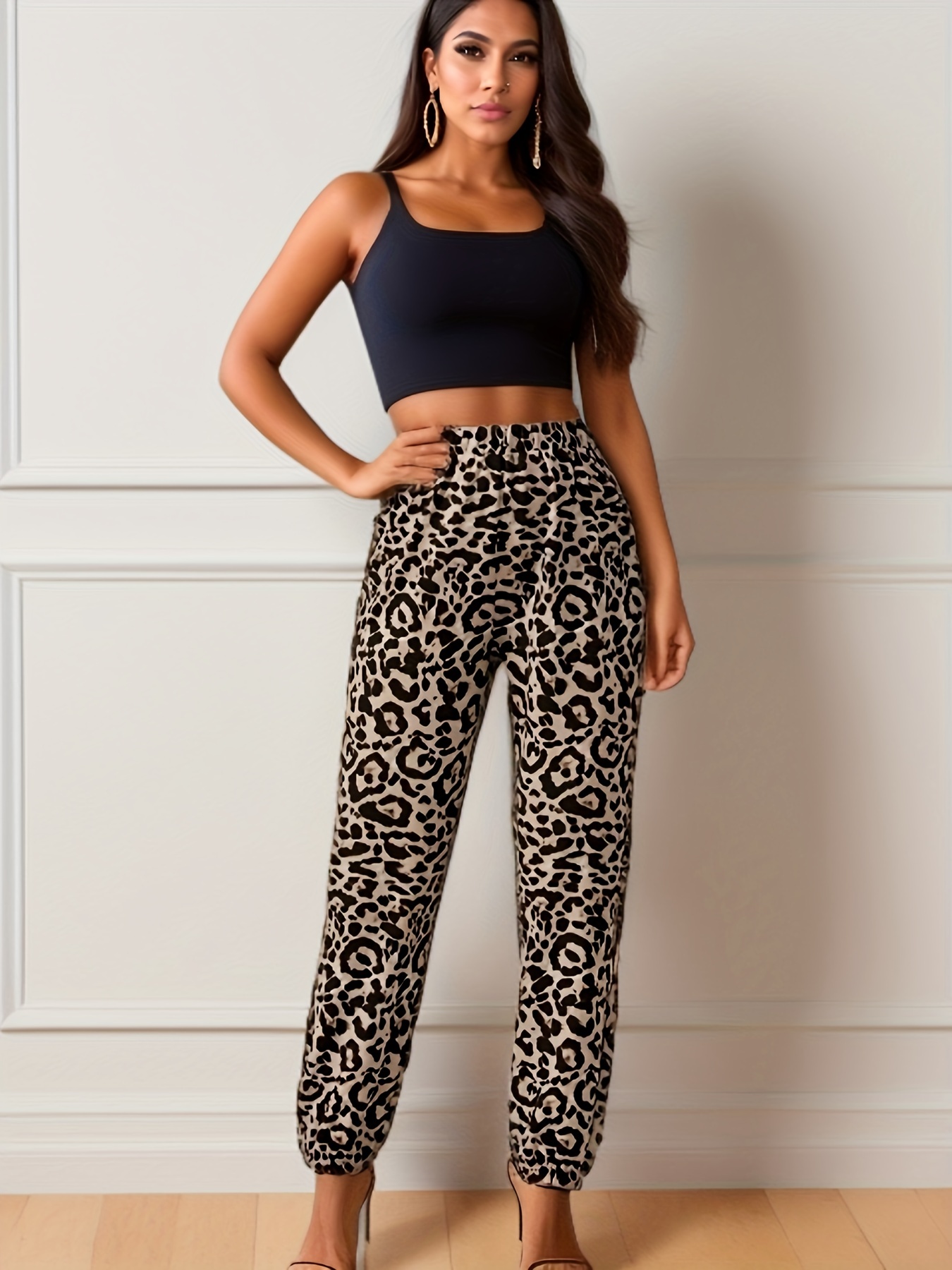 Leopard Print Paper Bag Waist Cropped Pants, Casual Elastic Waist Belted  Pants, Women's Clothing