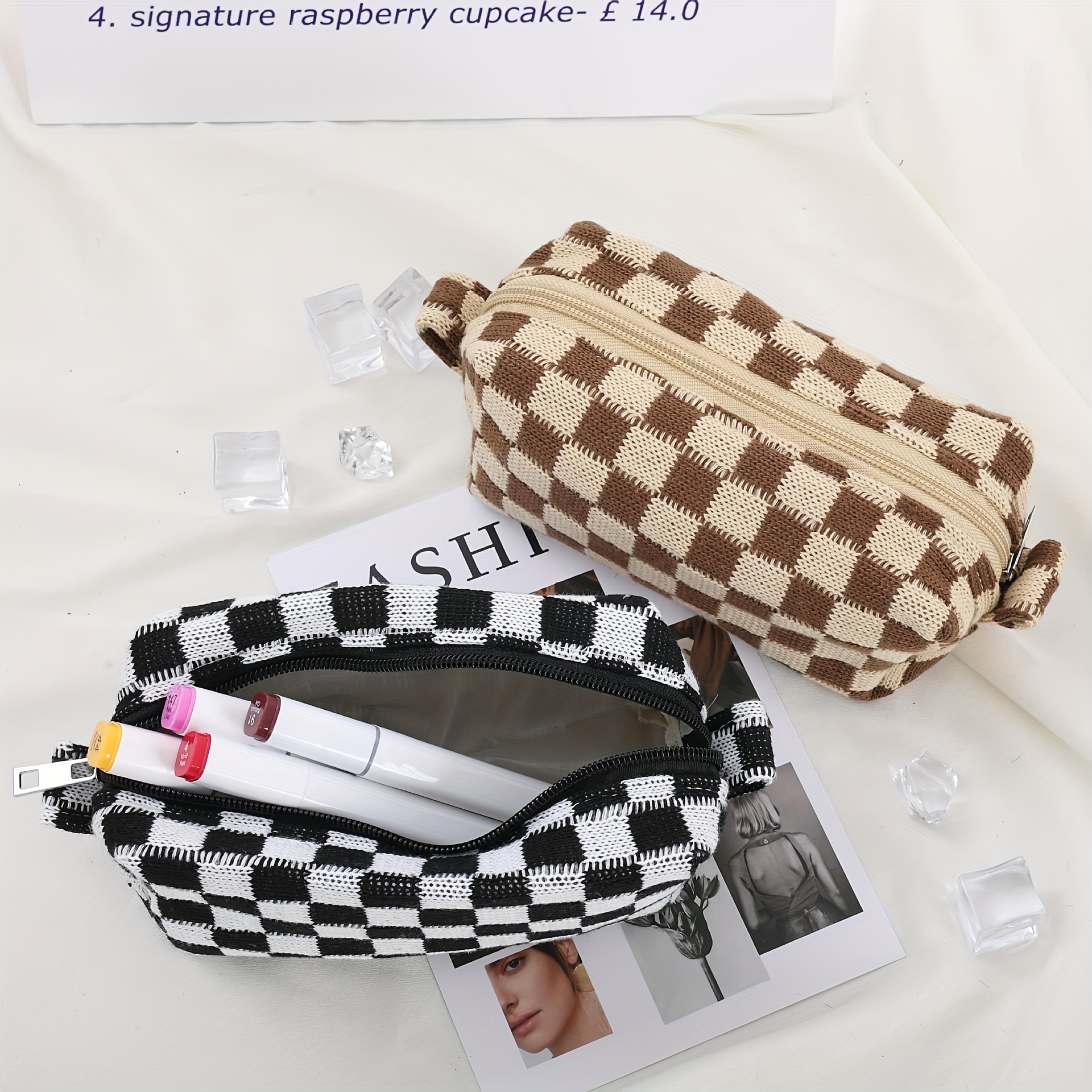 Makeup Bag Checkered Cosmetic and brush Bag Brown ,Travel Toiletry