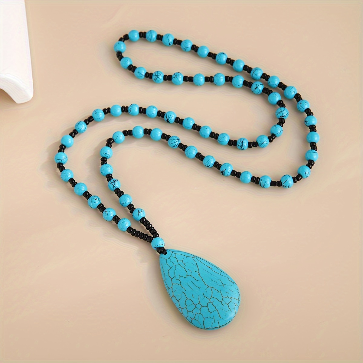 Boho Turquoise Teardrop Pendant Necklace with Beads & Cracked Stone