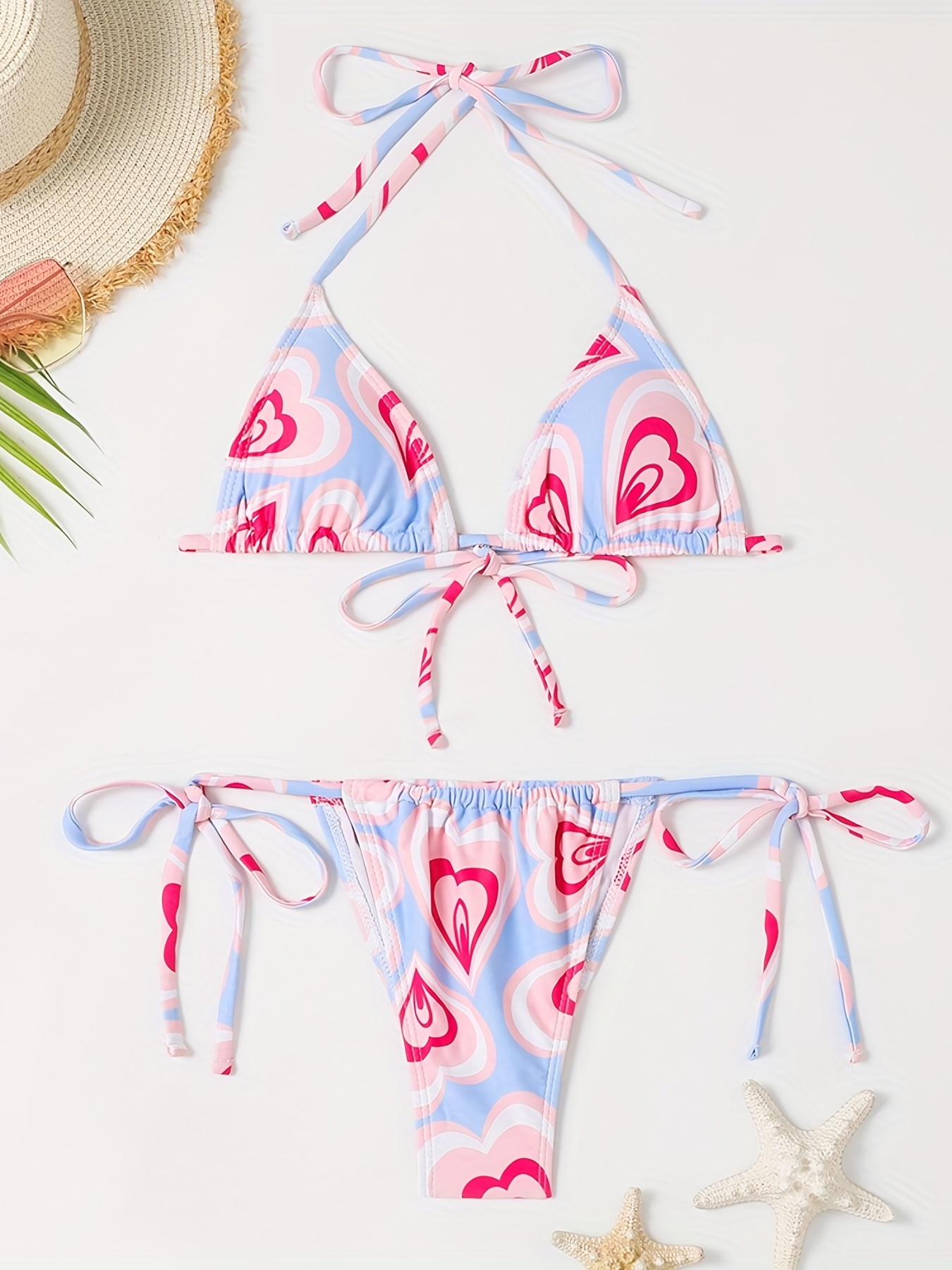 Women's Solid Color Sexy Strap-on Bikini Set, Halter Triangle Top&String  Tie Side Thong Bikini Set