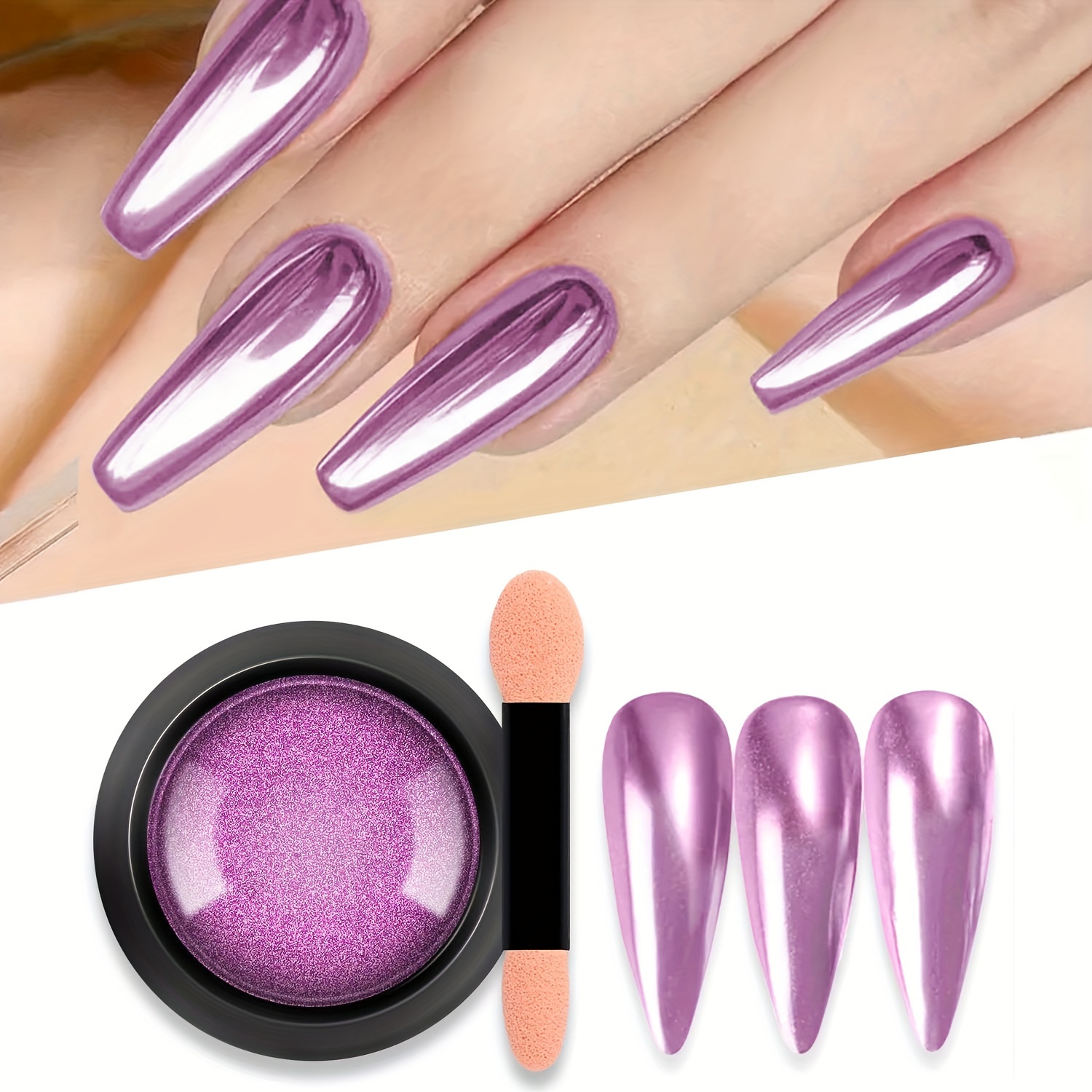 1 jar purple chrome nail powder metallic mirror effect nail powder holographic shinny nail powder with 1pc sponge tool for girls nail art decoration details 1