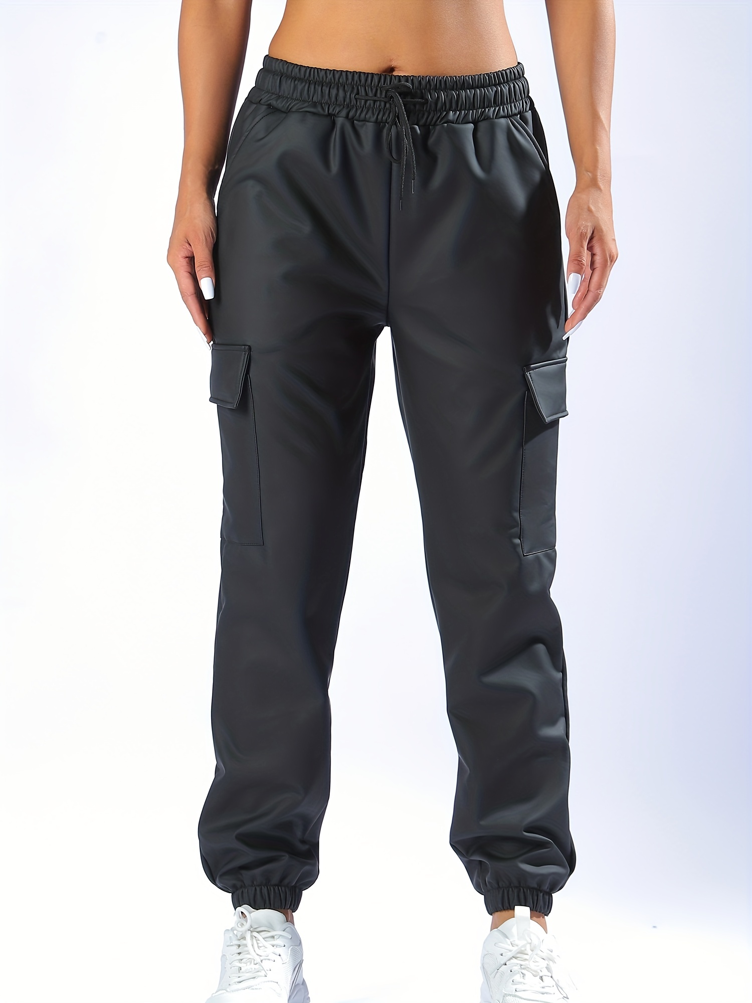 Drawstring Flap Pockets Jogger Pants, Vintage Solid Faux Leather