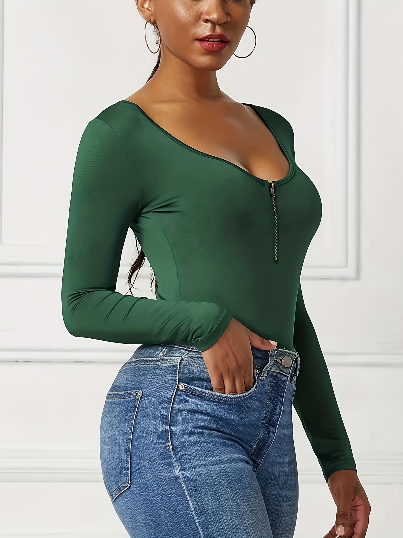 Zipper Scoop Neck Solid Bodysuit, Sexy Long Sleeve Slim Stretchy *  Bodysuit, Women's Clothing