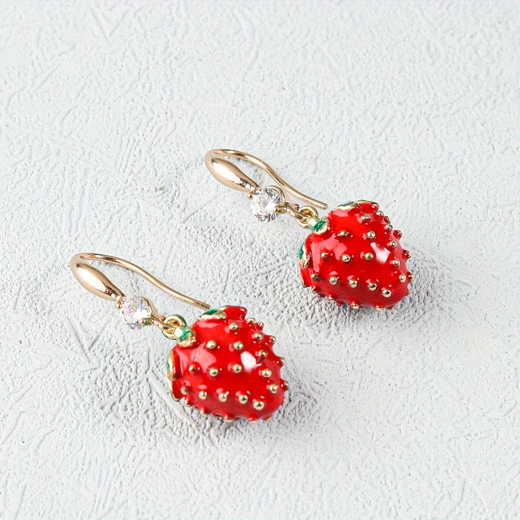 

Exquisite Enamel Strawberry Design Shiny Zirconia Inlaid Dangle Earrings Cute Elegant Style Delicate Female Earrings