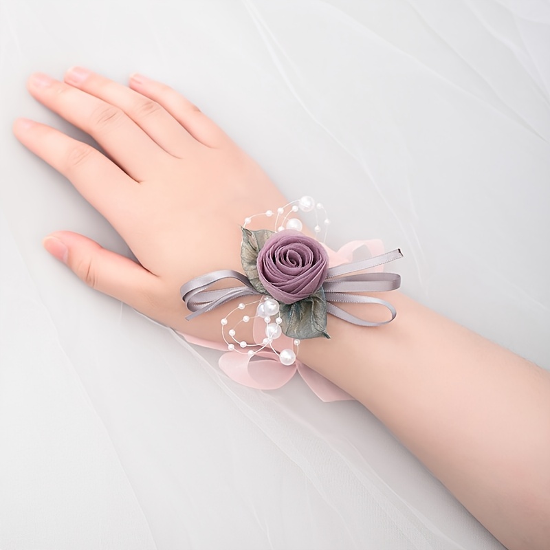 Guqqeuc Rose Wrist Corsage with Stretch Pearl Bracelet for Bridesmaid  Flower Wrist Wristband for Girls Wedding Corsage Hand Flower for Wedding  Prom