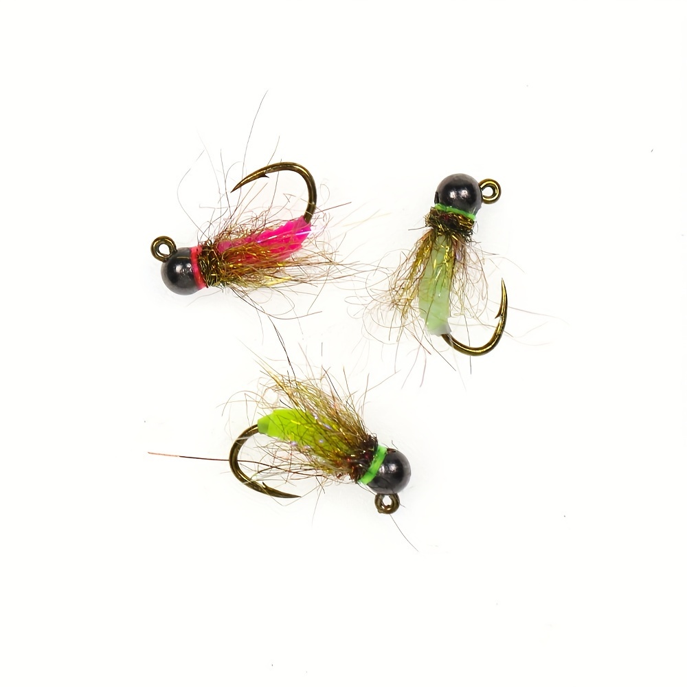 6pcs #10 #12 #14 #16 Barbed Tungsten Bead Head, Caddis Pupa Jig Nymph Fly,  Fast Sinking UV Rose Green Light Green Wet Euro Nymph Fly For Grayling