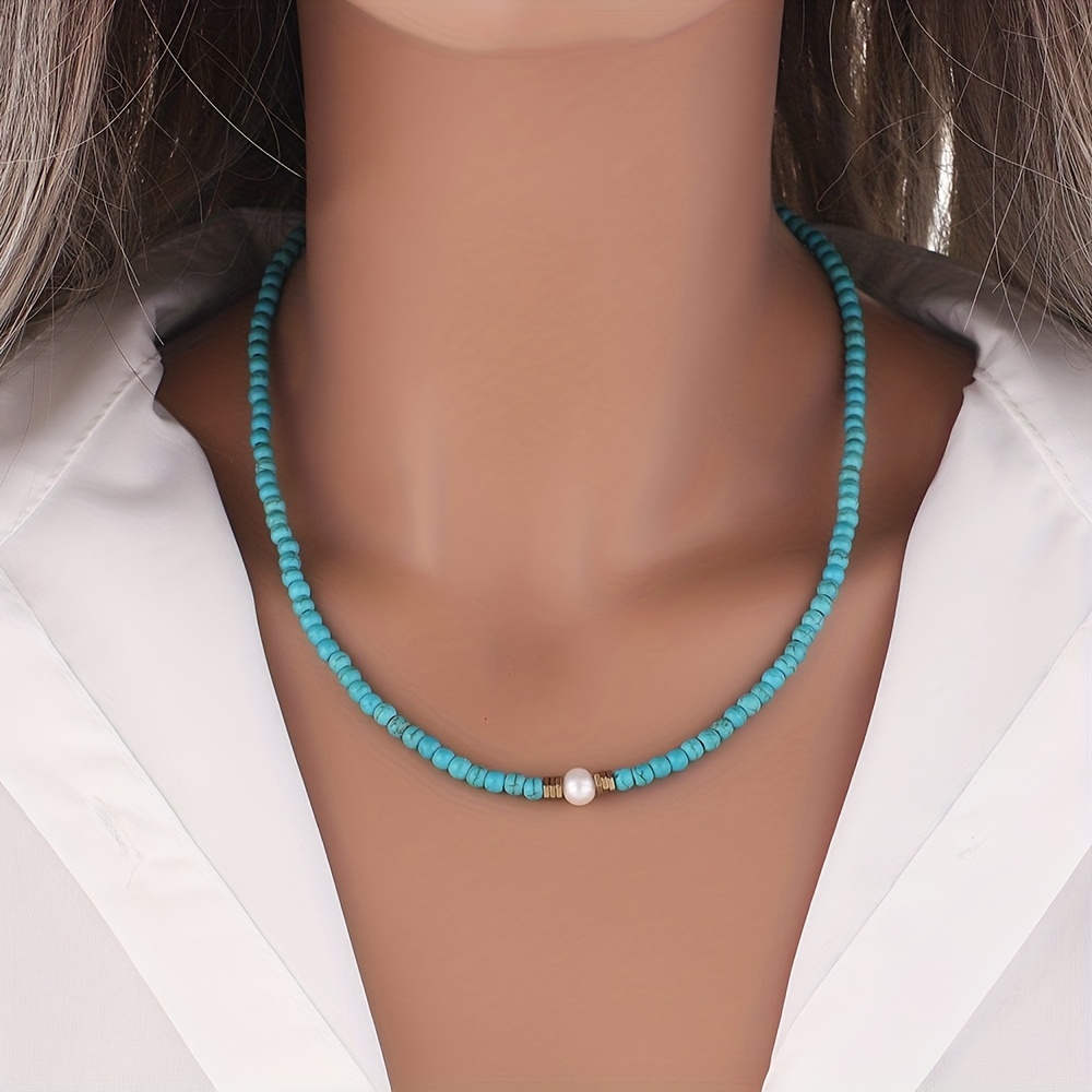 

1pc 6mm Fashion Handmade Synthetic Turquoise Pattern Mixed Golden Round Beads Clavicle Chain Necklace For Teen Girls, Holiday Gift