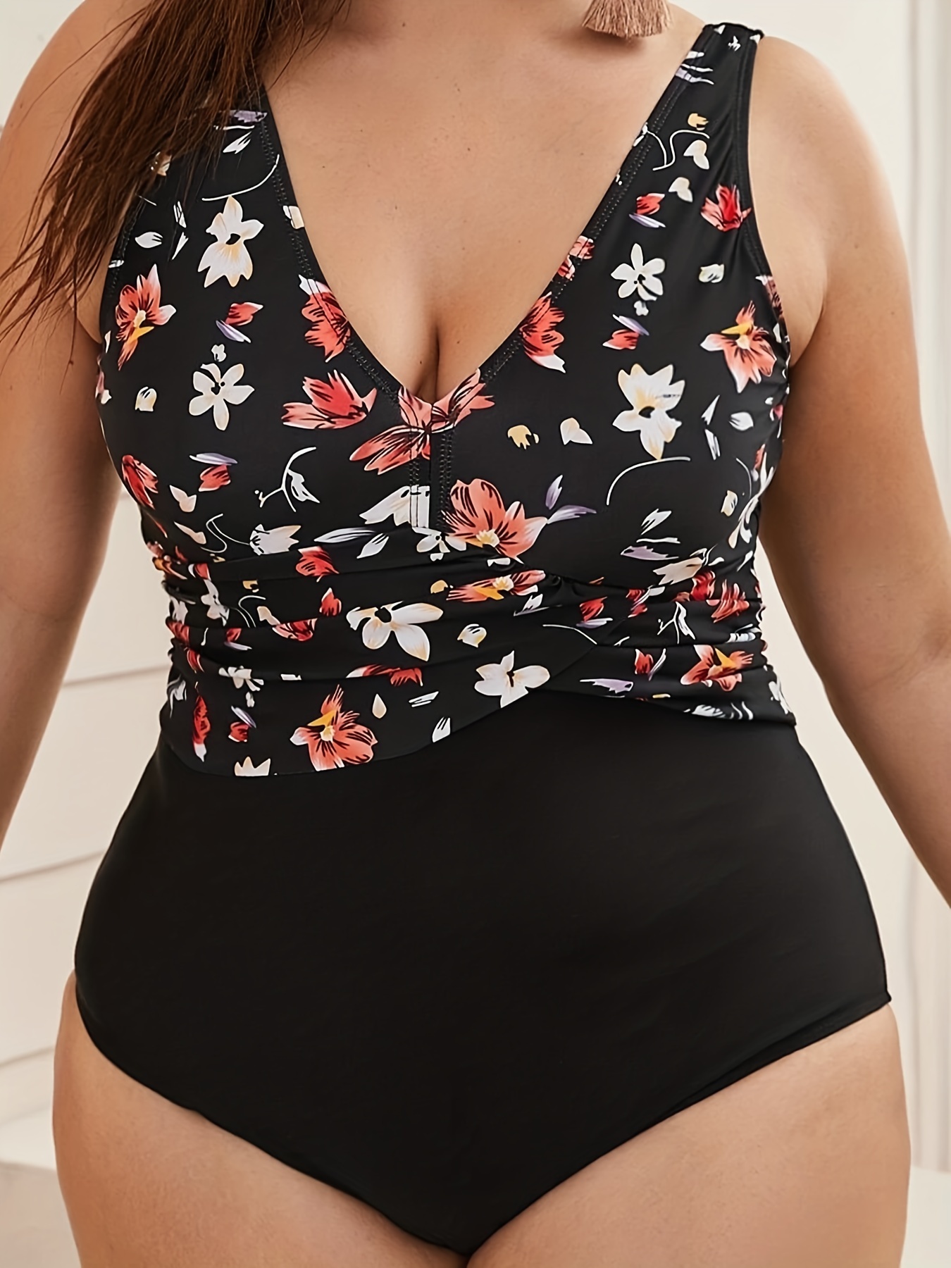 Floral Print High Stretch Water Sports Tankini Plain Black - Temu