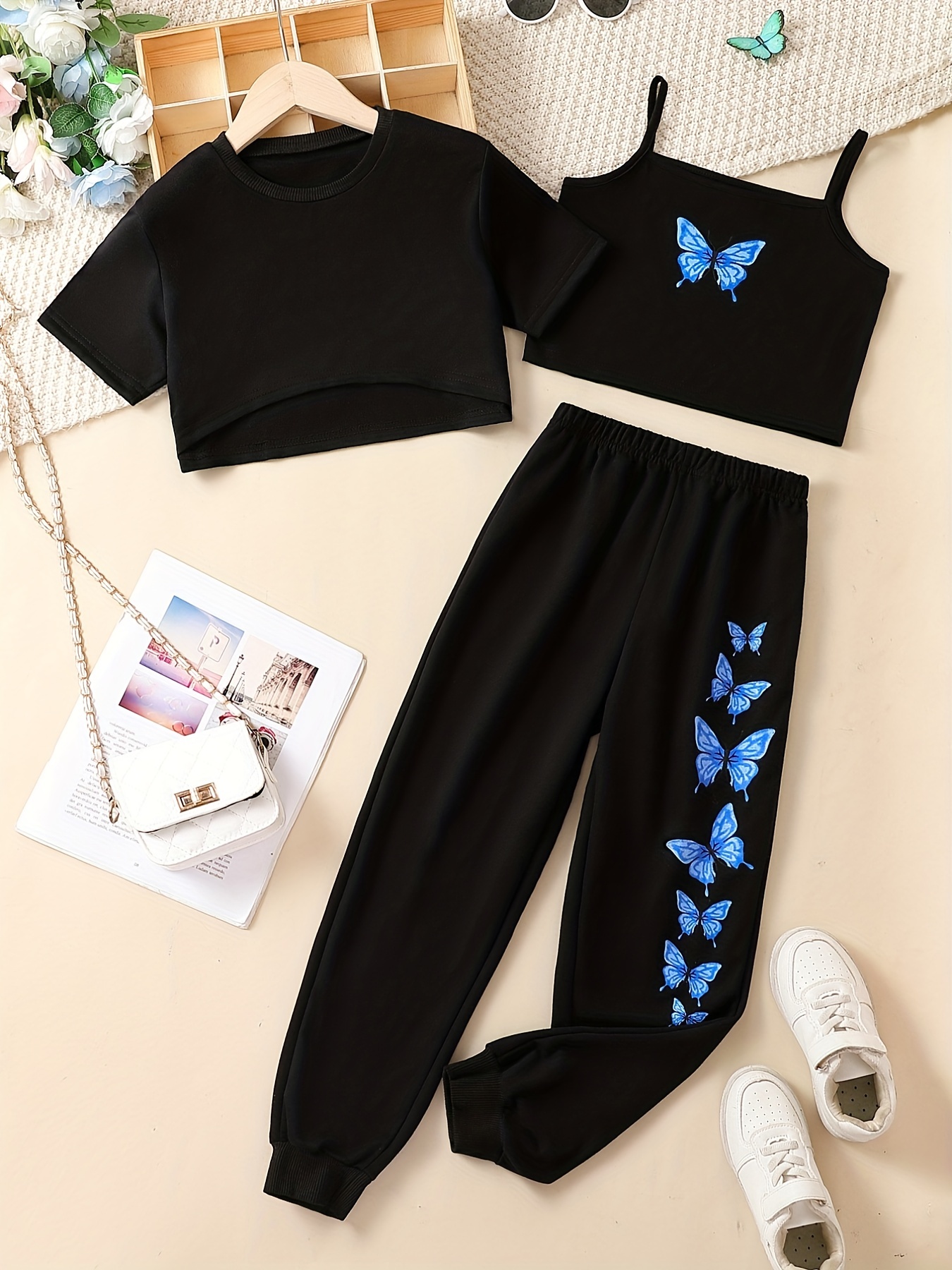 Girls' Butterfly Graphic Casual Suit 3pcs Set