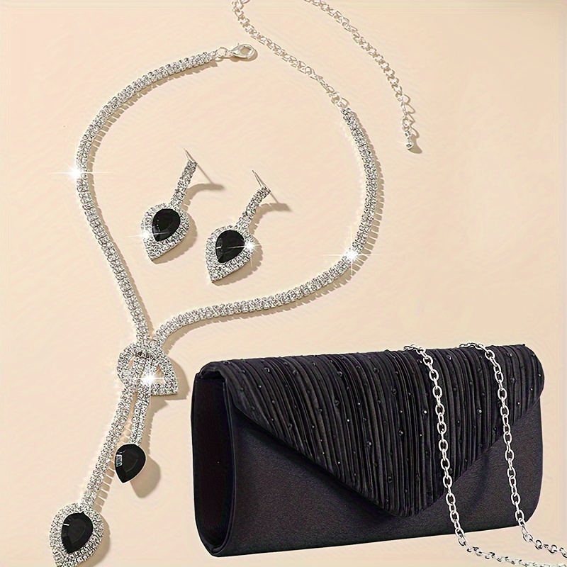 

Elegant Pleated Evening Bag, Classic Dinner Clutch Purse, Women's Formal Earrings Necklace Set