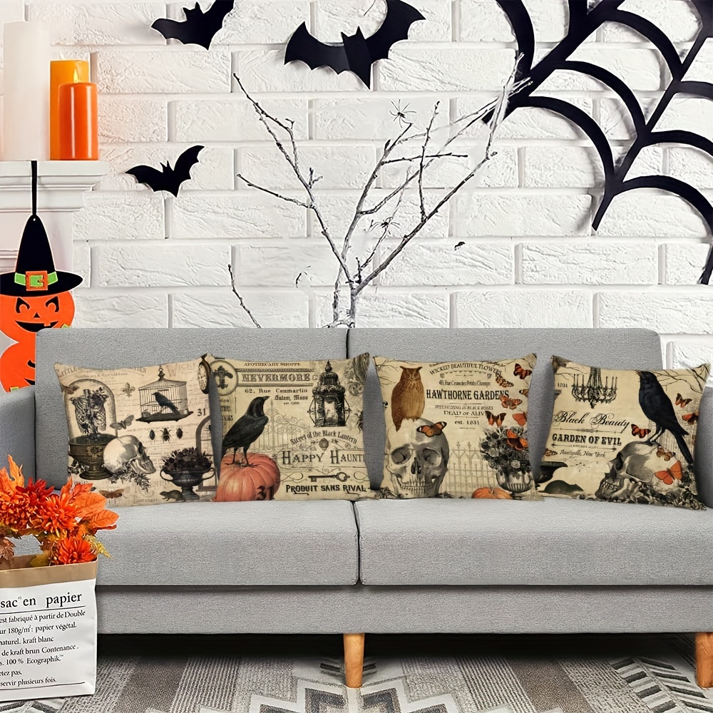 Halloween Linen Blend Pillow Case Skeleton Pumpkin Crow Square Cushion Cover
