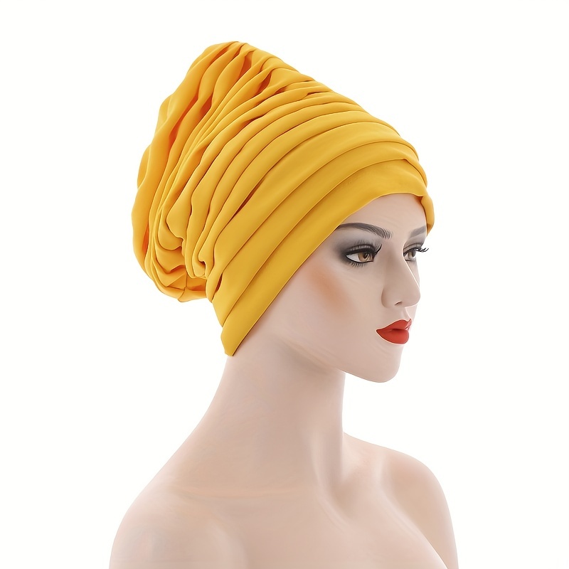 Layered Pleated Turban Cap Elastic Head Wrap Solid Ramadan Head Scarf