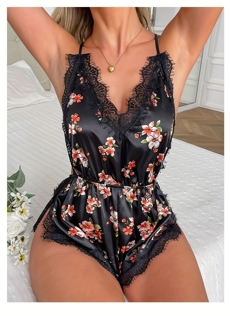 Lace Trim Ribbed Pajama Bodysuit Cute Comfy V Neck - Temu Canada