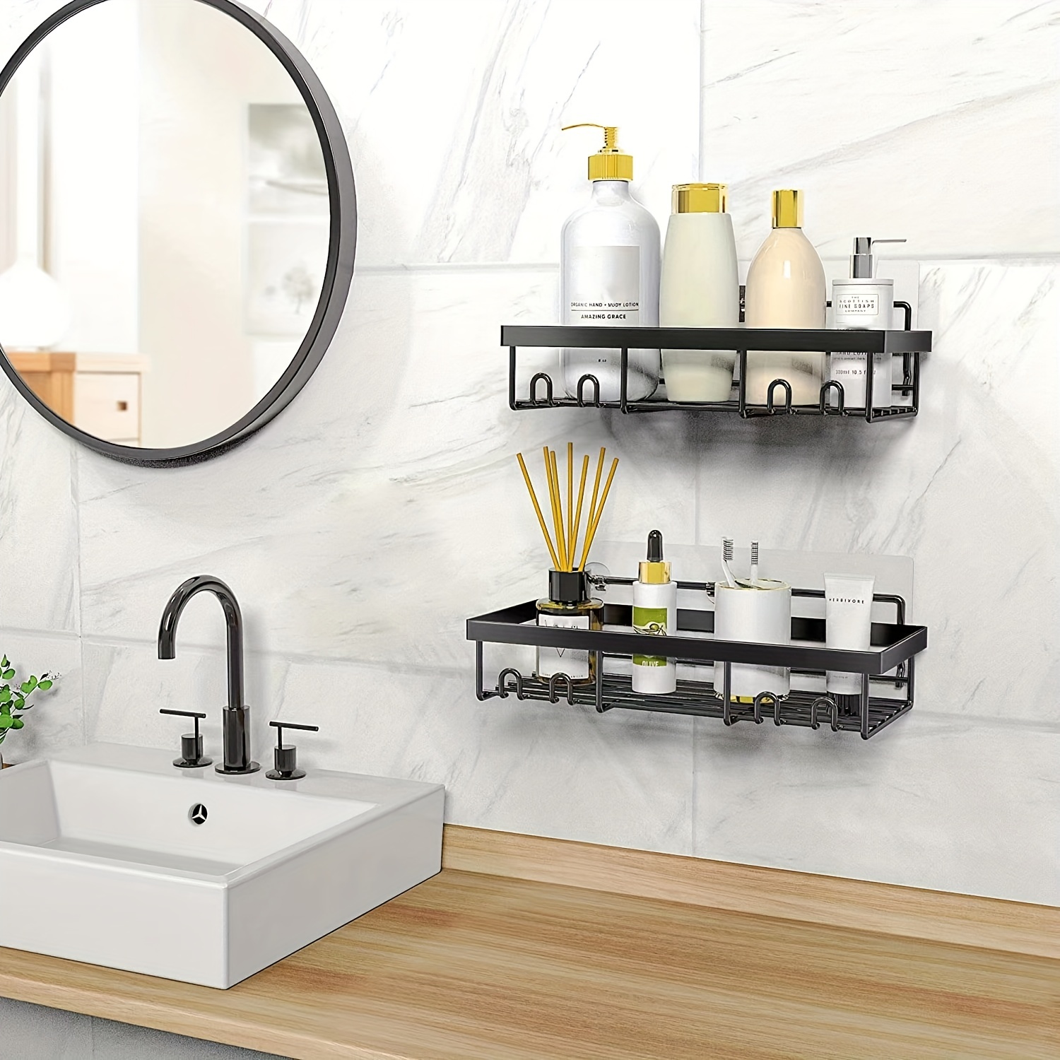 2pcs Shower Caddy Shelf Accessories Modern Matte Black Bathroom Corner  Shelves Kitchen Wall Shelf Shower Shampoo