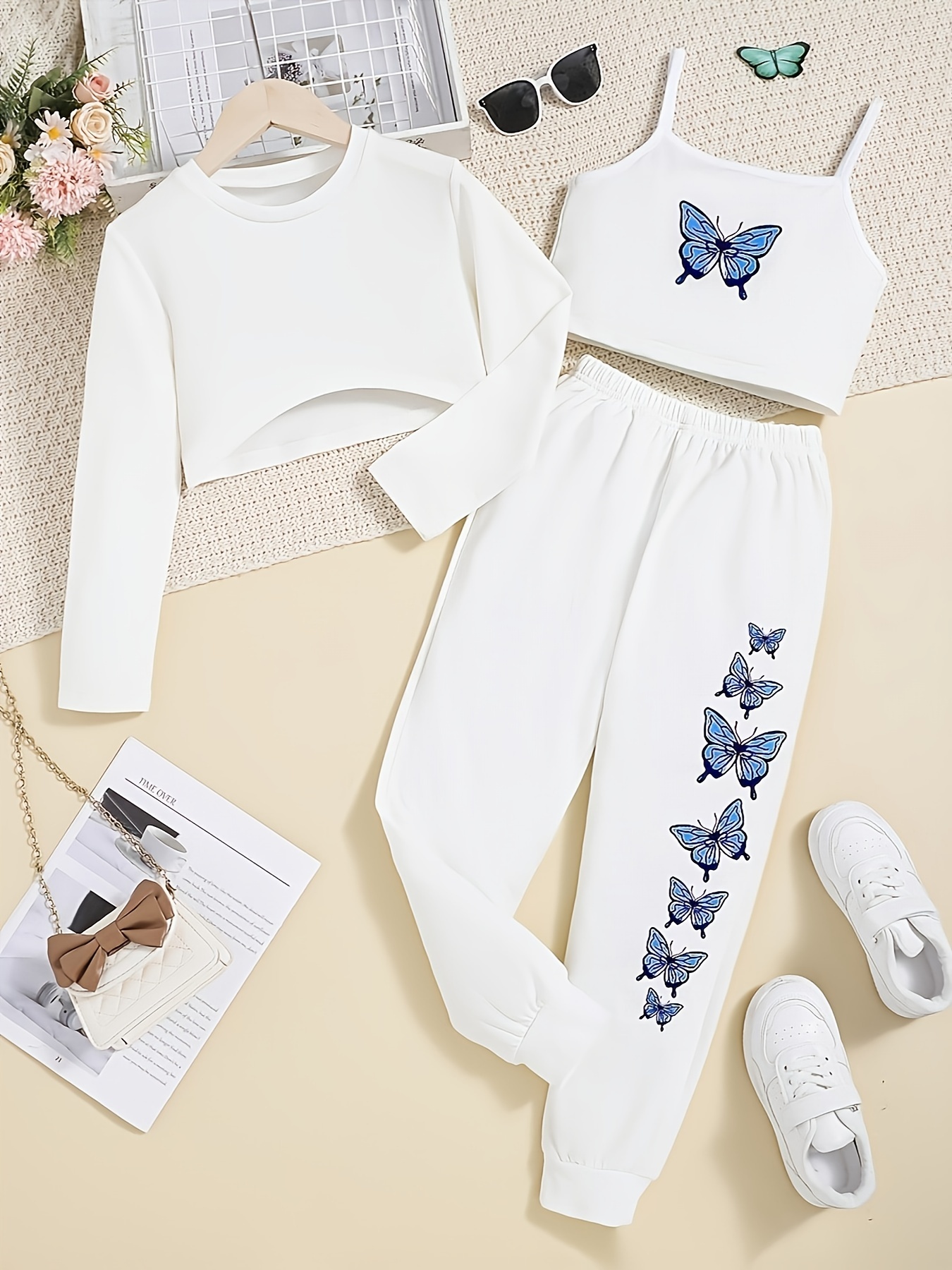 Girl's Street Style Outfit 3pcs, Butterfly Pattern Sweatshirt & Cami Top &  Sweatpants Set, Kid's Clothes For Spring Fall
