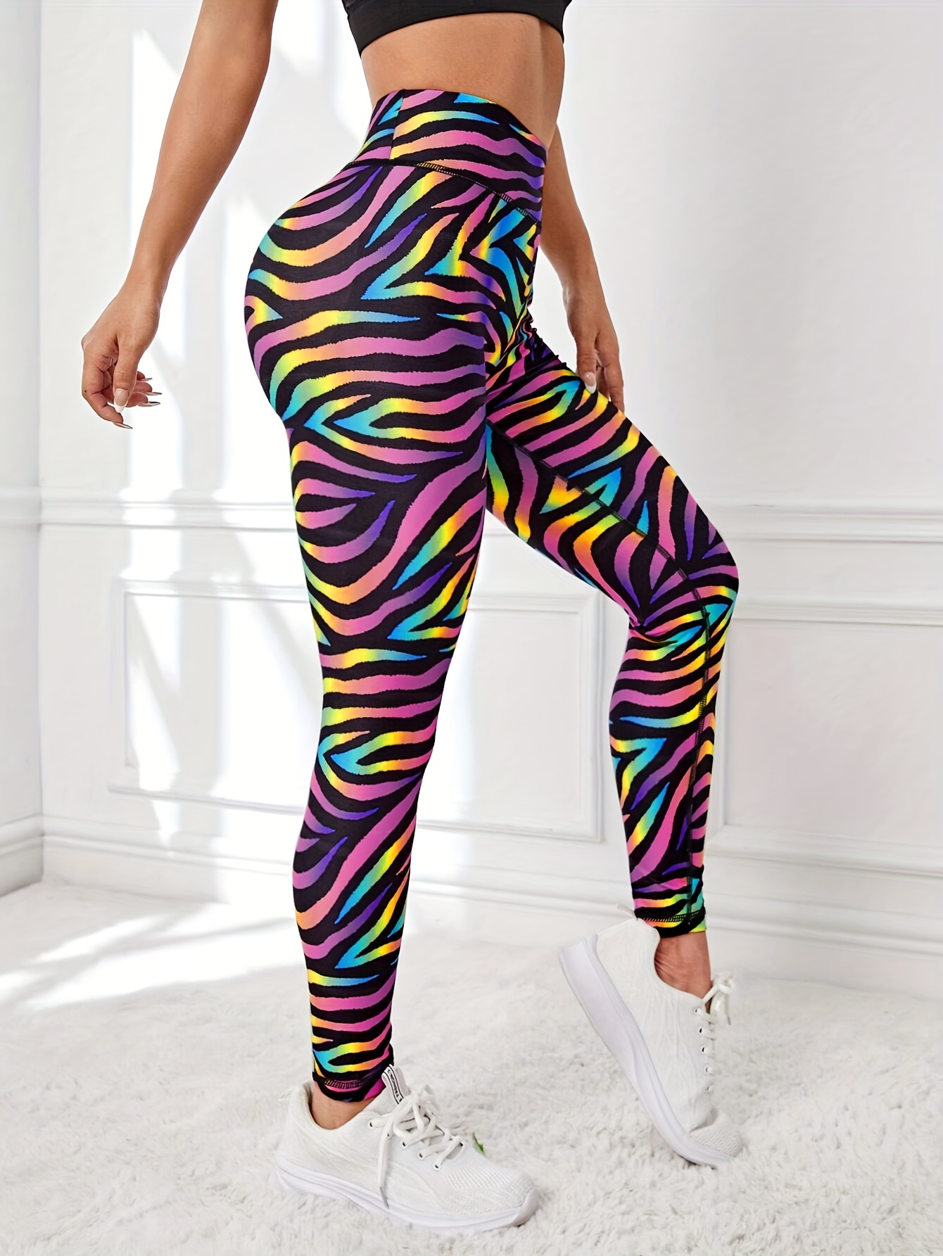Kleurrijke yoga legging met zebrapatroon ademende yoga broek