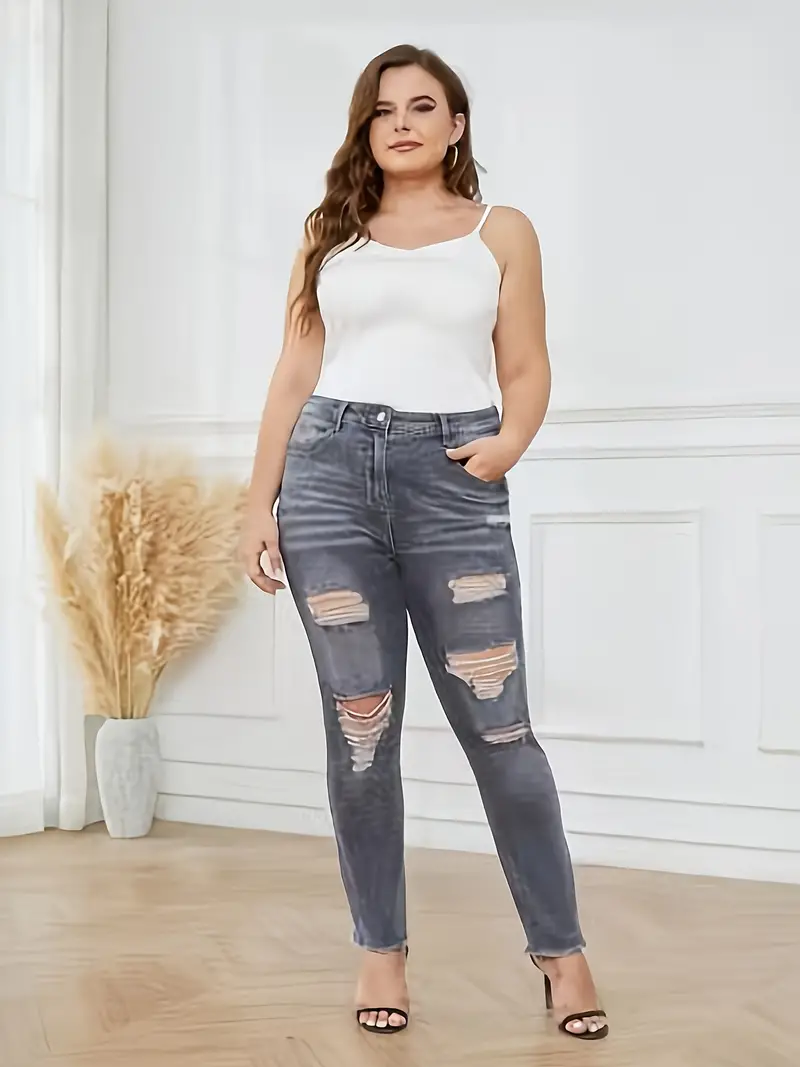 plus size retro jeans womens plus ripped low waisted raw hem high stretch washed denim pants details 0