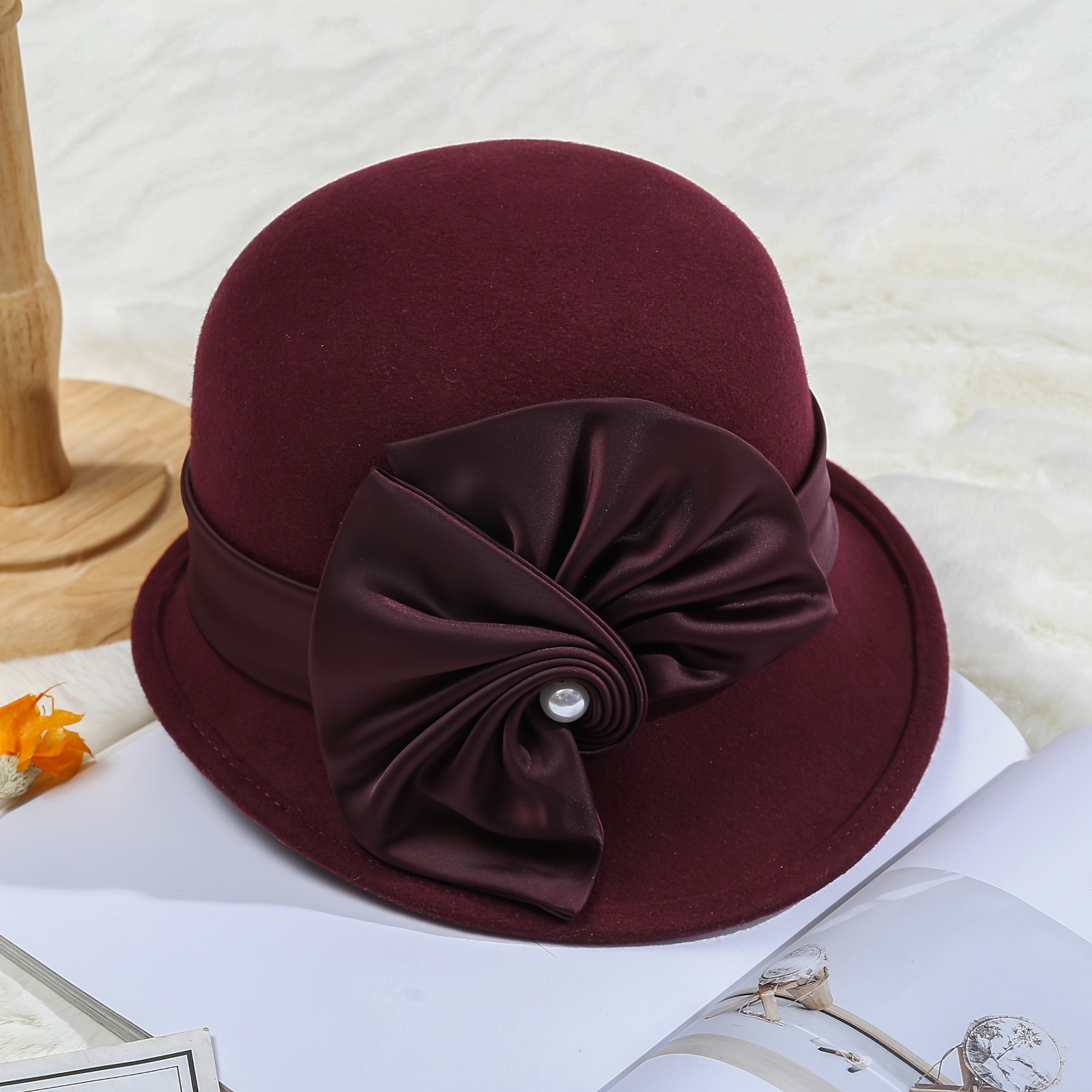 Satin Big Flower Wool Bucket Hat Elegant Hepburn Style Solid - Temu