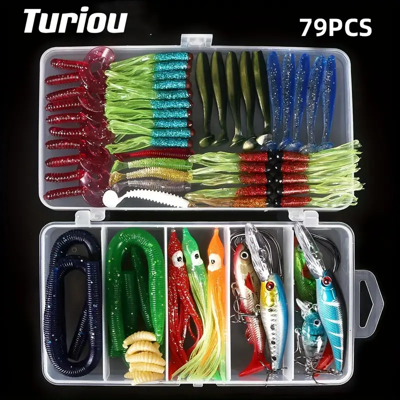 79pcs/set Complete Fishing Lure Set with 5 Grids Bait Box - Includes *  Hard, and Soft Bait, Lead Fish Bait, and T-Tail Crank Hook - Perfect for Fr