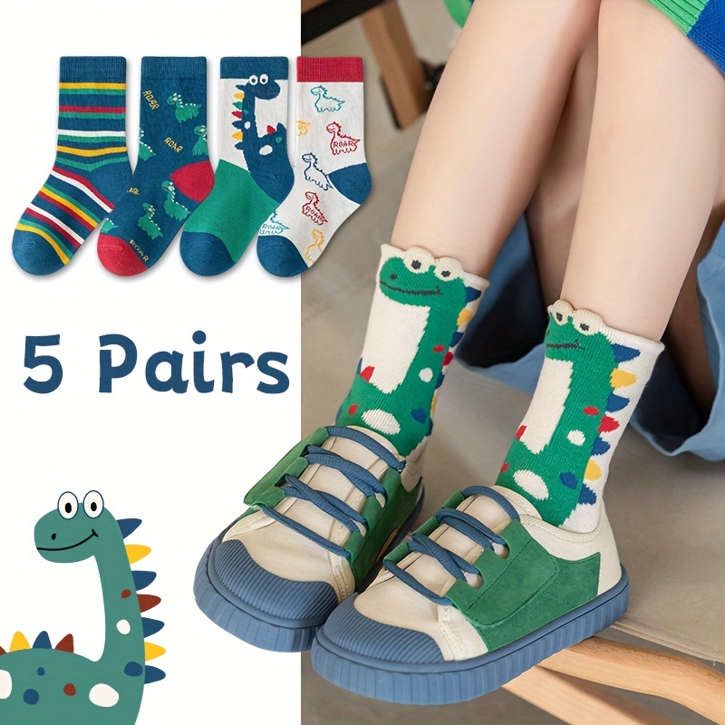 

5 Pairs Of Boy's Cartoon Dino Animals Pattern Knitted Socks, Comfy Breathable Soft Crew Socks For Outdoor Wearing