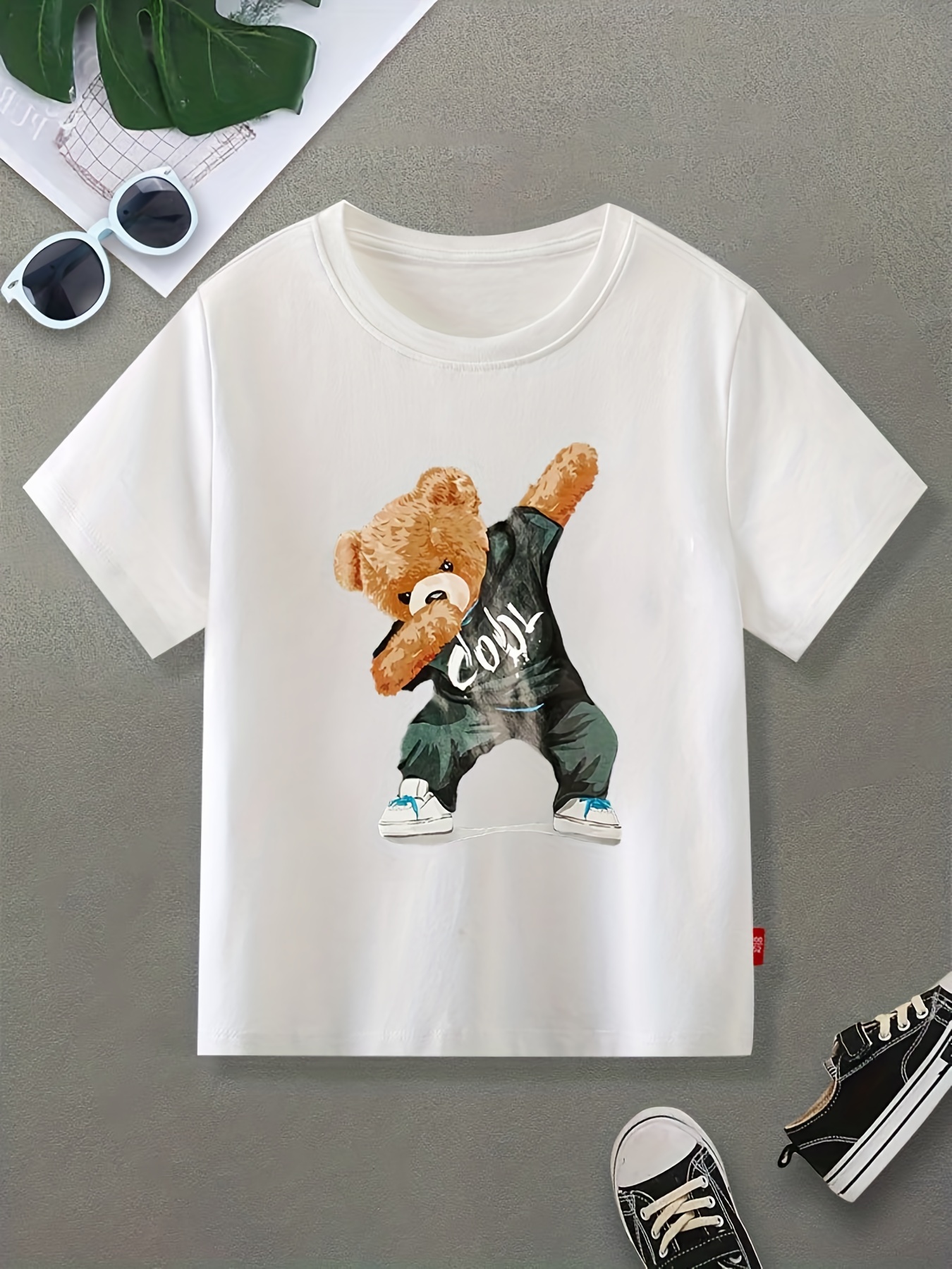 Trendy Dancing Bear Print Boys Creative T-shirt, Casual