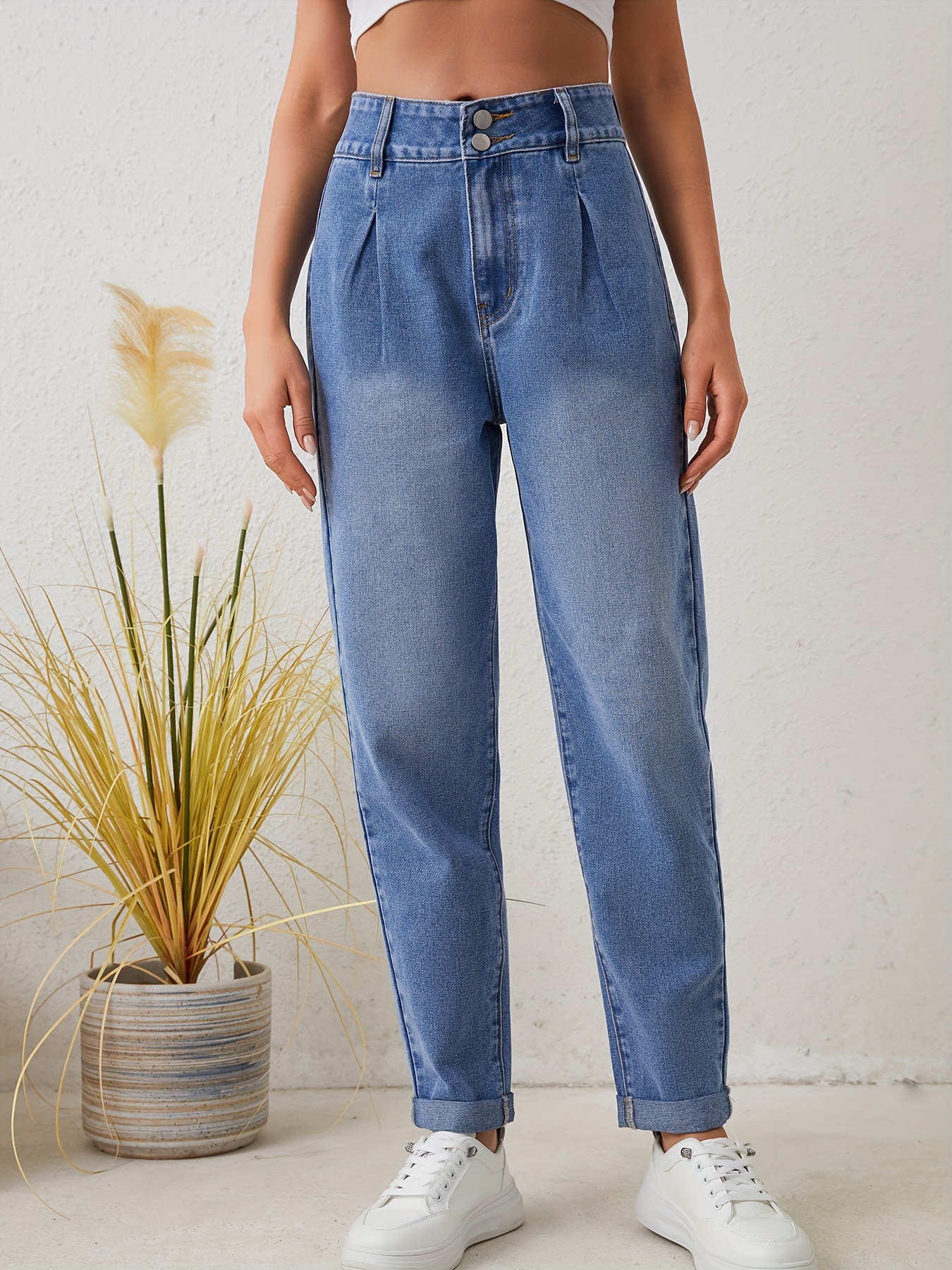 Loose Fit Versatile Mom Jeans, Slant Pockets Non-Stretch Casual Tapered  Jeans, Women's Denim Jeans & Clothing