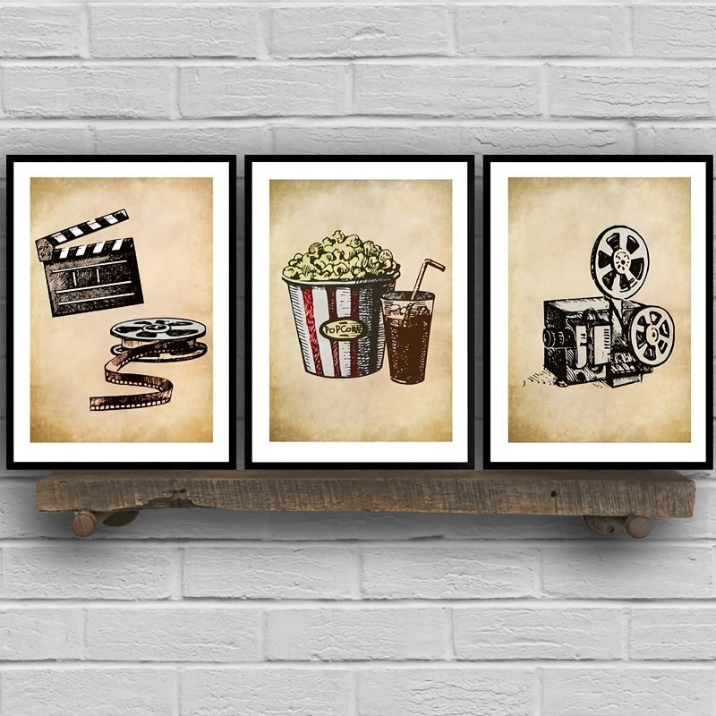 LyerArtork 4pcs Vintage Movie Theater Wall Decor Set Filmmaking Clapper  Board Popcorn painting Posters Film Reels Picture Prints for Modern Home