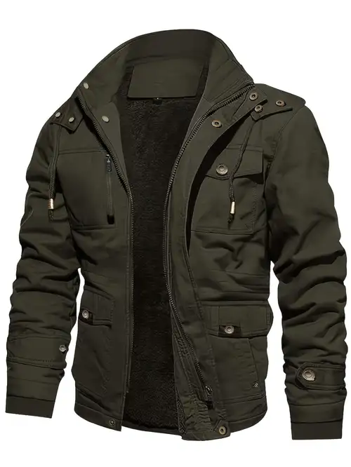 Men's Casual Warm Fleece Jacket Flap Pocket Cargo Jacket - Temu