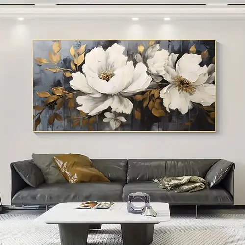 Quadro particolari dipinti su tela fiori avorio oro tortora lungo