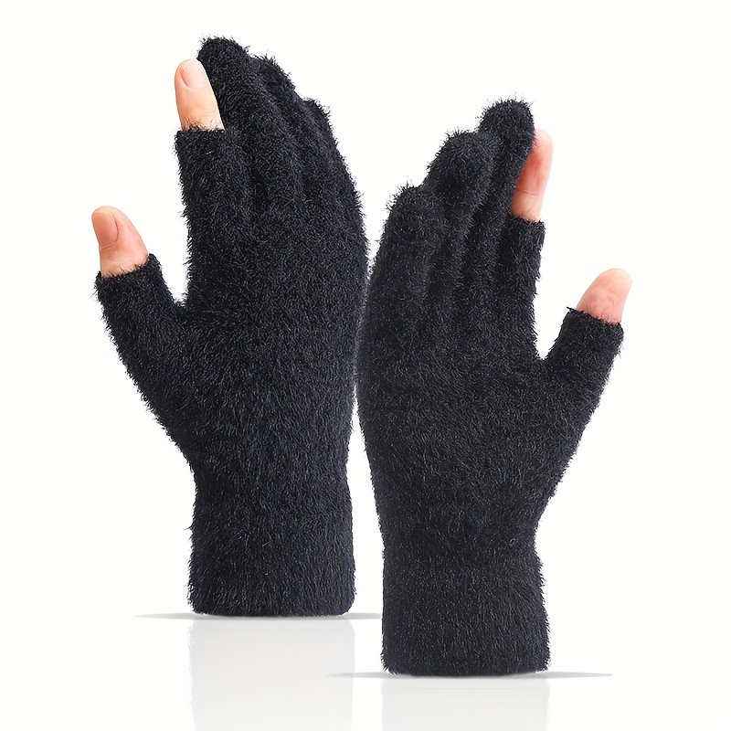 Open Fingers Plush Gloves Solid Color Plus Velvet Thickened Warm Gloves Convenient Touch Screen Gloves Women's Winter Coldproof Writing Gloves,Temu