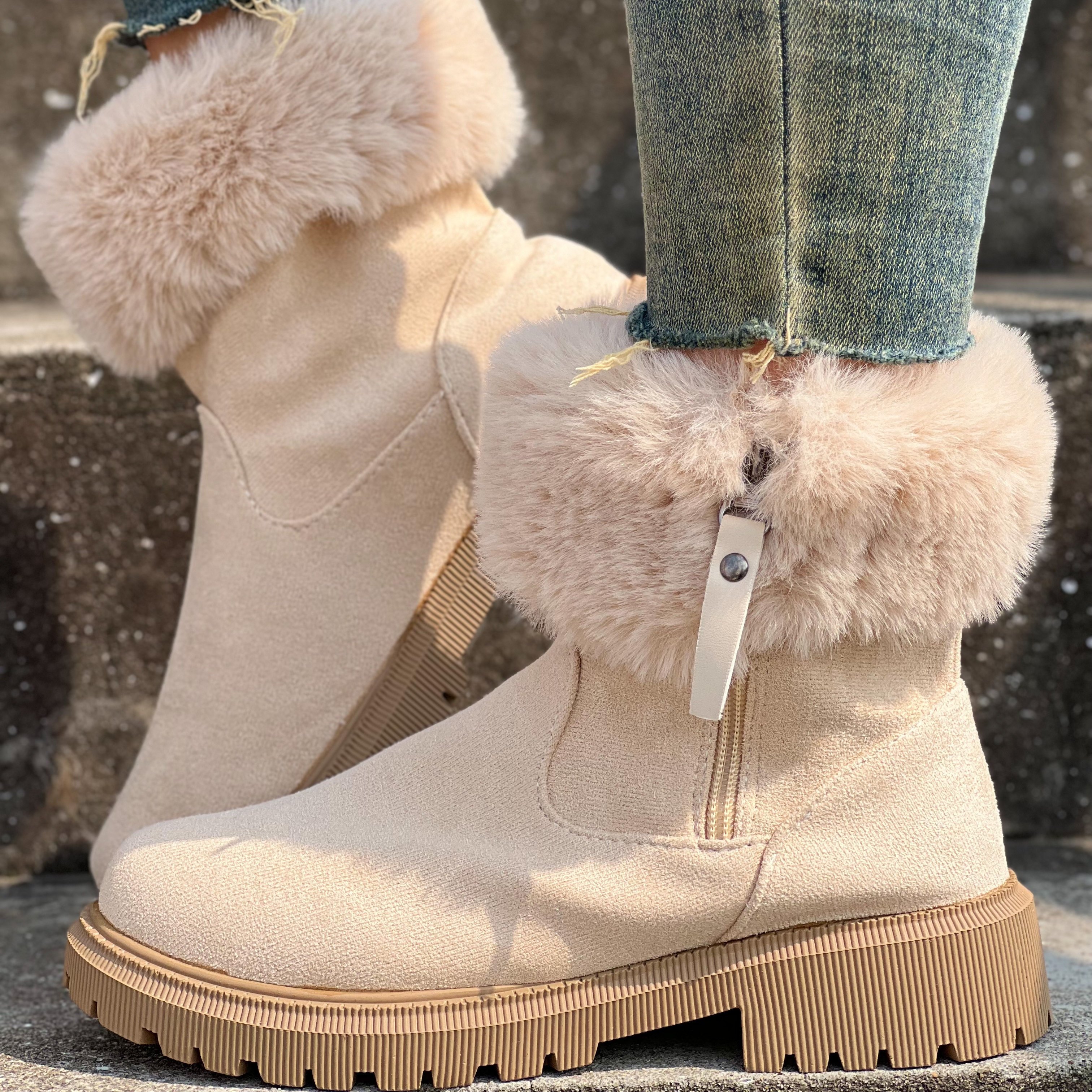 Women s Solid Color Fluffy Boots Side Zipper Soft Sole Platform Warm Lined Boots Winter Round Toe Plush Snow Boots