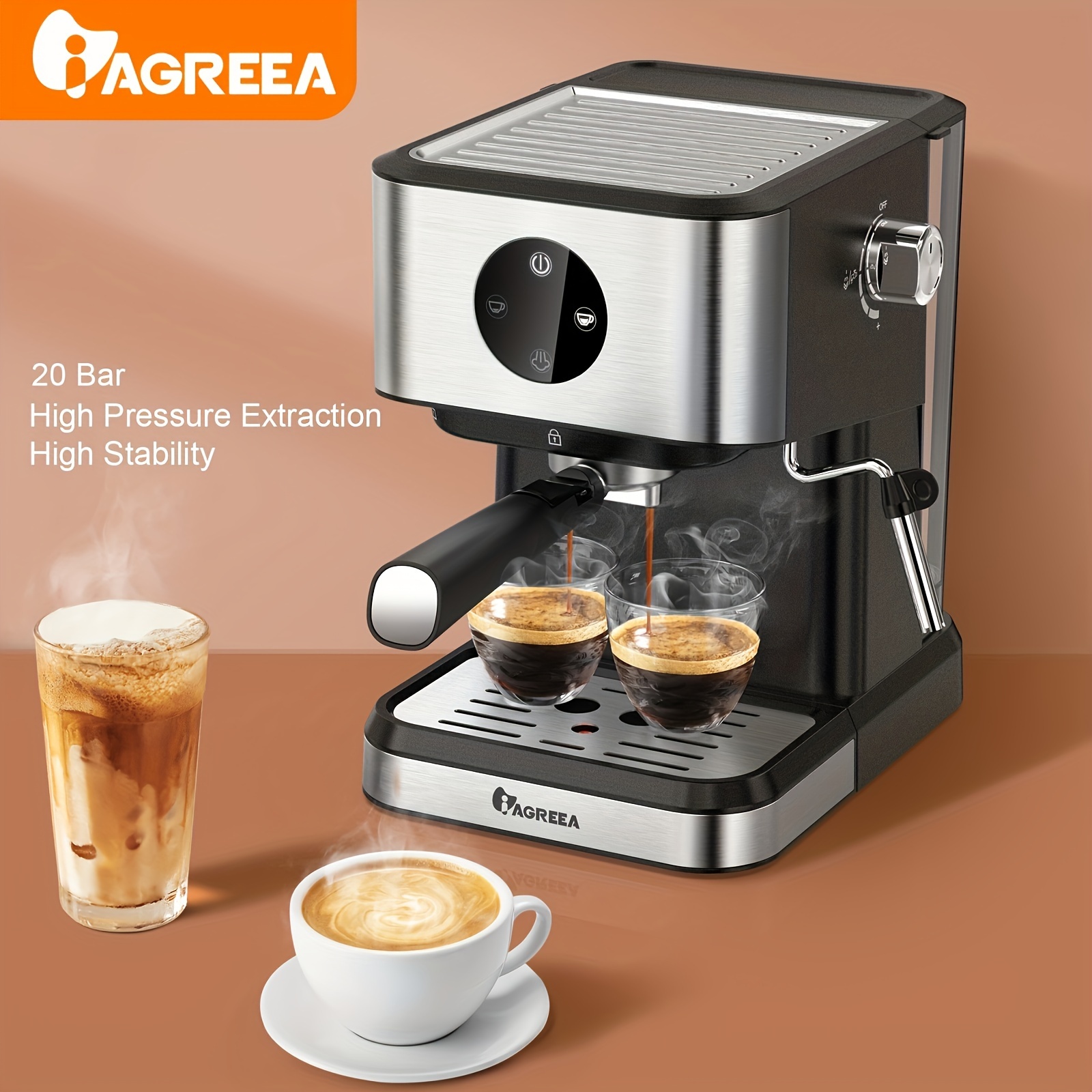 IAGREEA Italian Espresso Machine, 20Bar, 1.5L/50oz, Detachable Water Tank,  Digital Touch Screen, Automatic Pause, Suitable For Espresso/cappuccino/lat