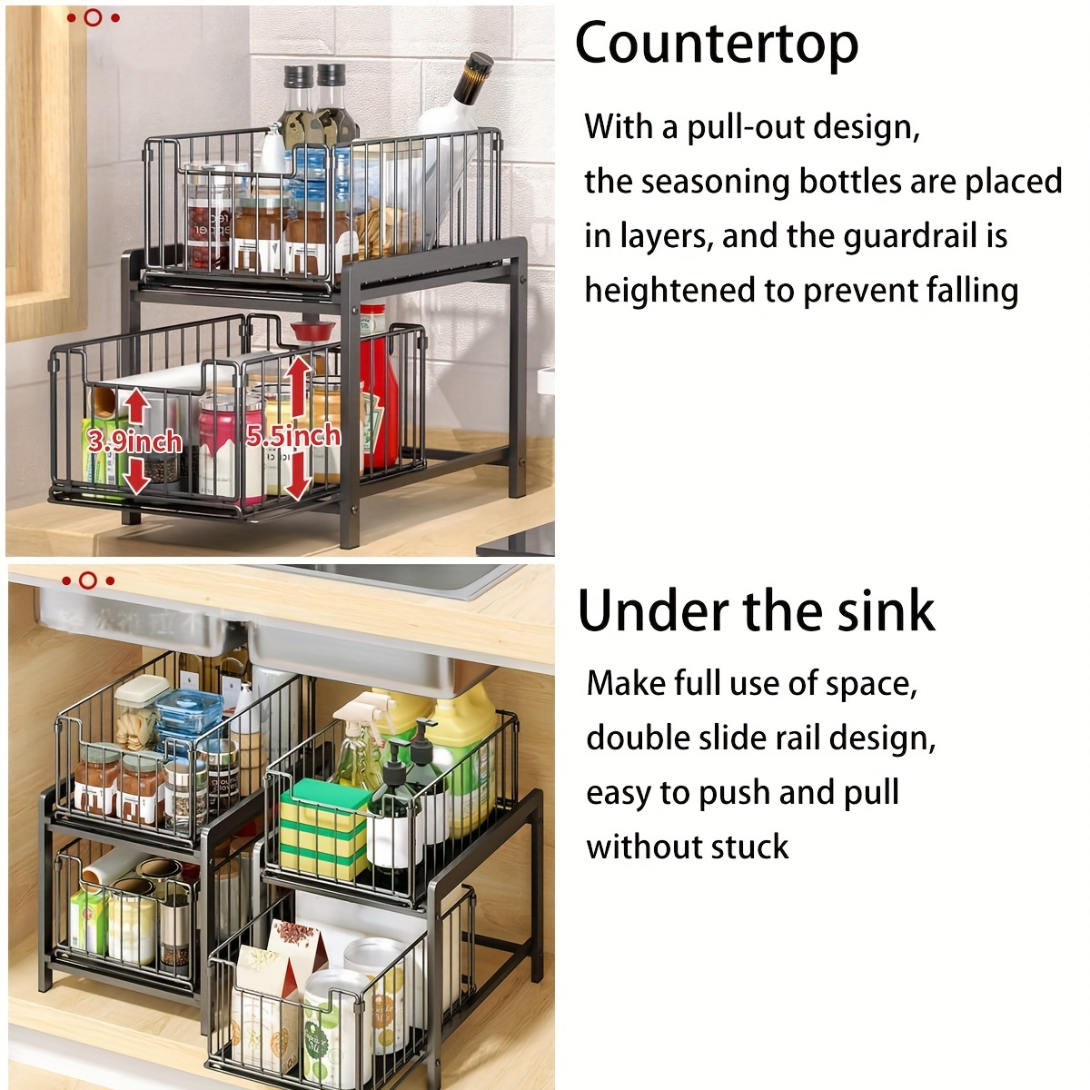 Sunview Bathroom Organizer 2PCS, Under Sink Organizers and Storage,2Tier  Pull Out Cabinet Organizer,Sliding Cabinet Organizers with Storage Drawers