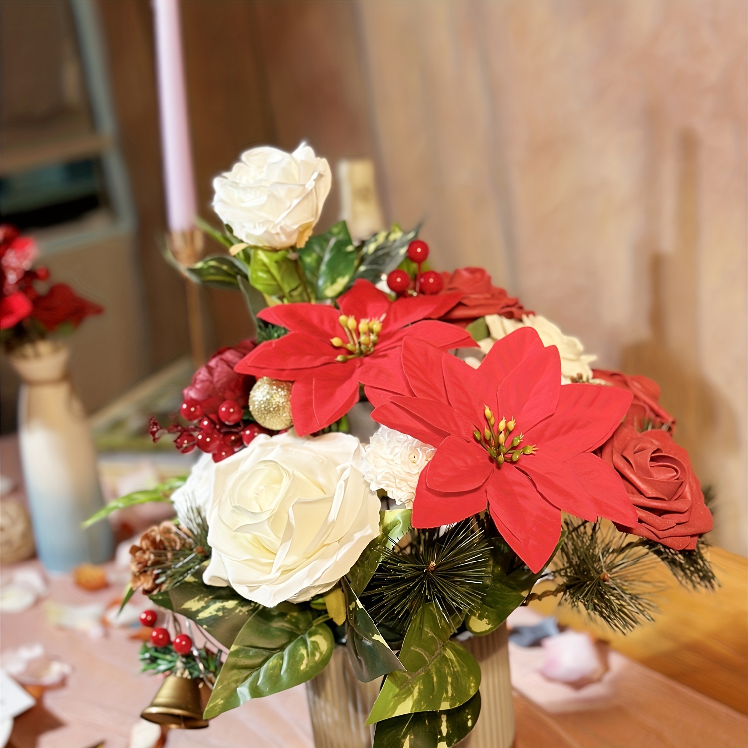 Artificial Christmas Poinsettia Floral Arrangement Decor