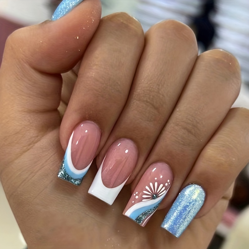 light pink and silver acrylic nails