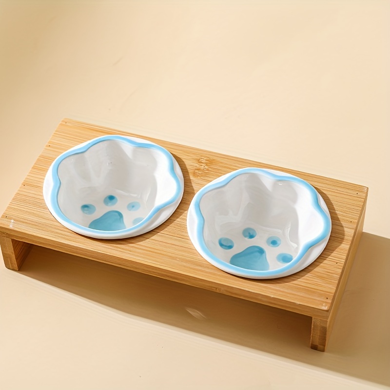 Wooden Stand Ceramic Cat Double Bowls Anti vomiting Paw Temu