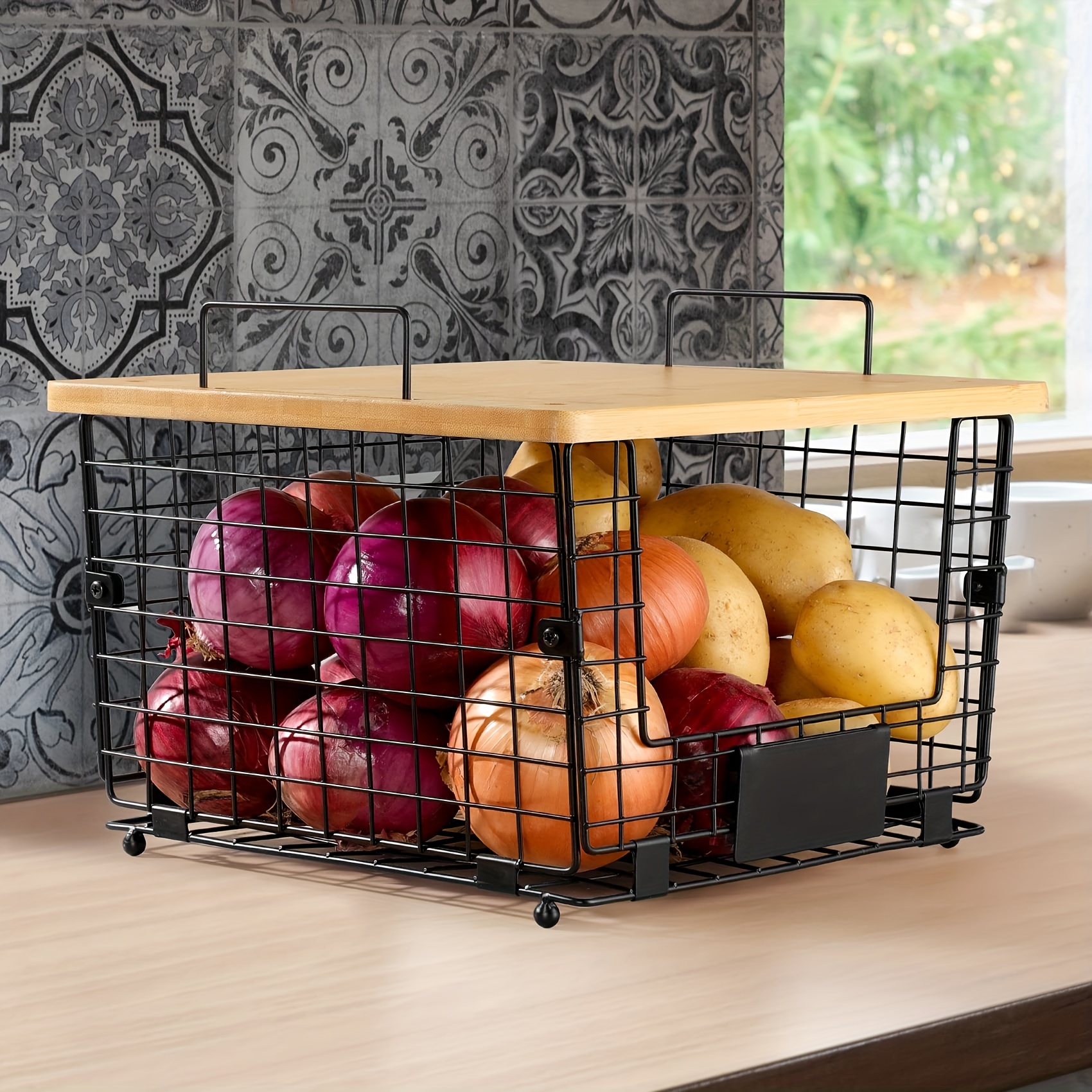 Fruit Basket Kitchen Pantry Organizers and Storage - Wooden Top