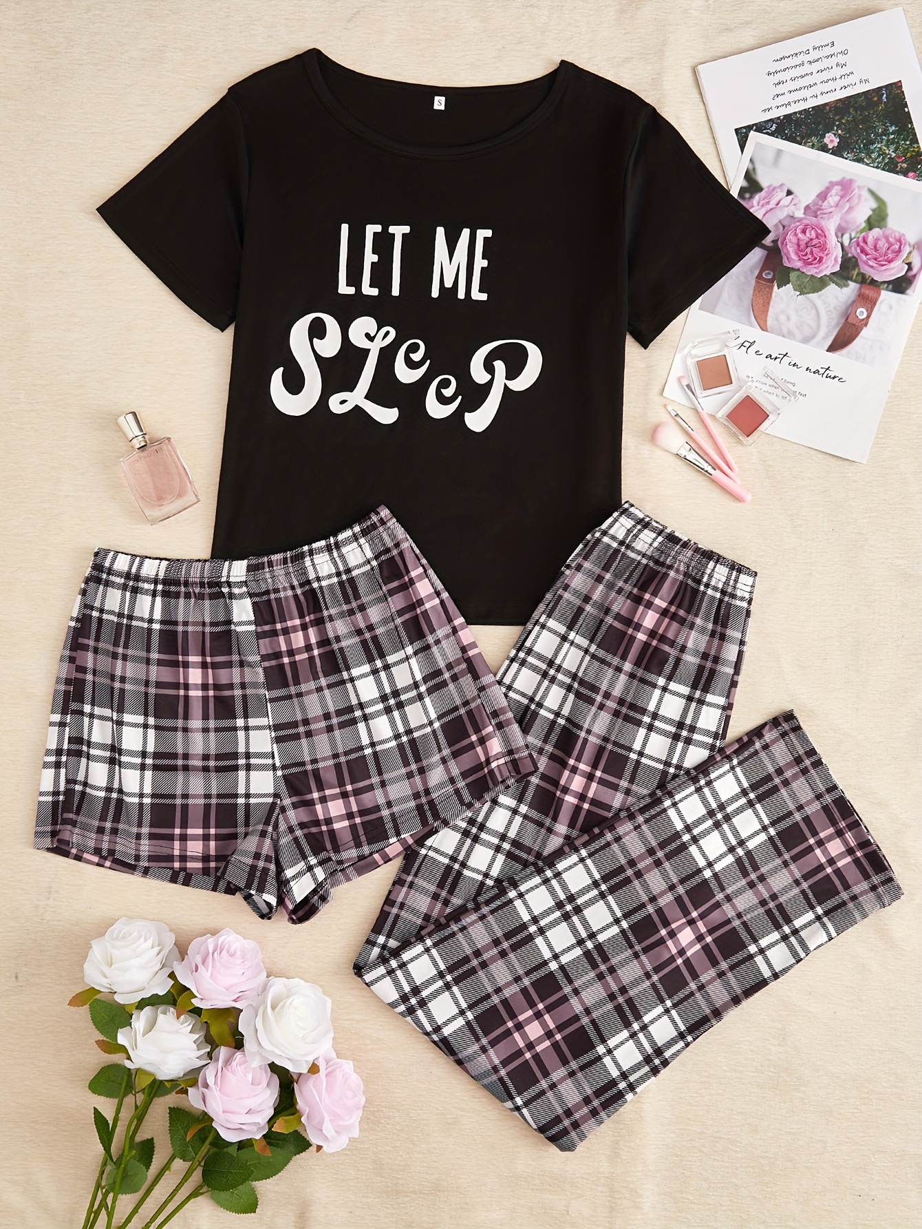 3-Piece Letter & Plaid Print Pajama Set, Crew Neck Short Sleeve Tee Top +  Elastic Waistband Shorts + Lounge Pants, Casual & Comfy Pajamas, Women's Sle