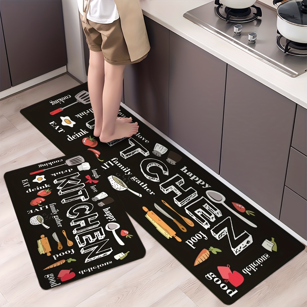 Kitchen Mats PVC Leather Modern Floor Carpets Anti-skid Doormats