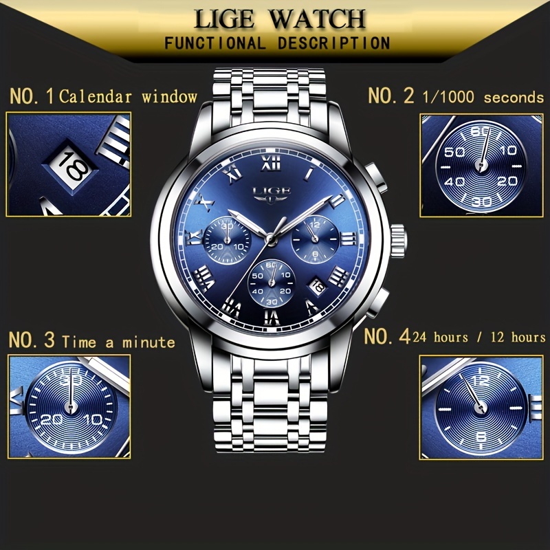LIGE Watches Mens Fashion Waterproof Stainless Steel Analogue