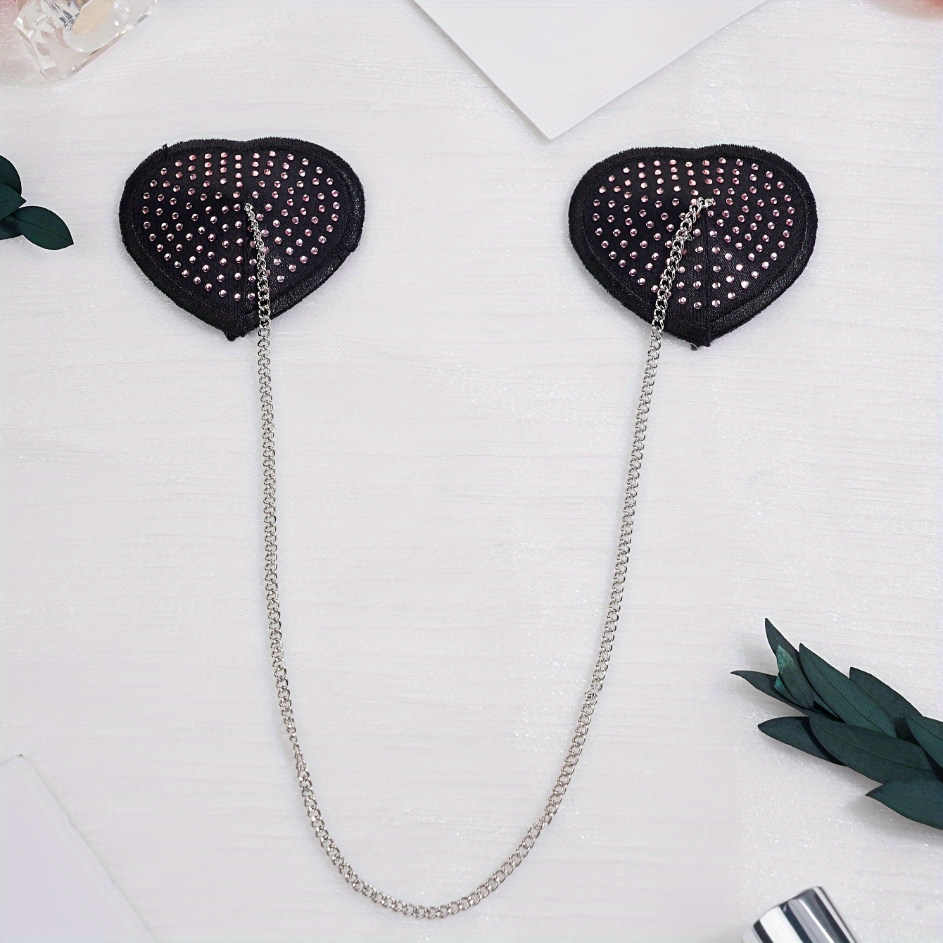 Heart Shape Nipple Stickers w/Collar Metal Chain Tassel O-ring Decor Bra  Pasties