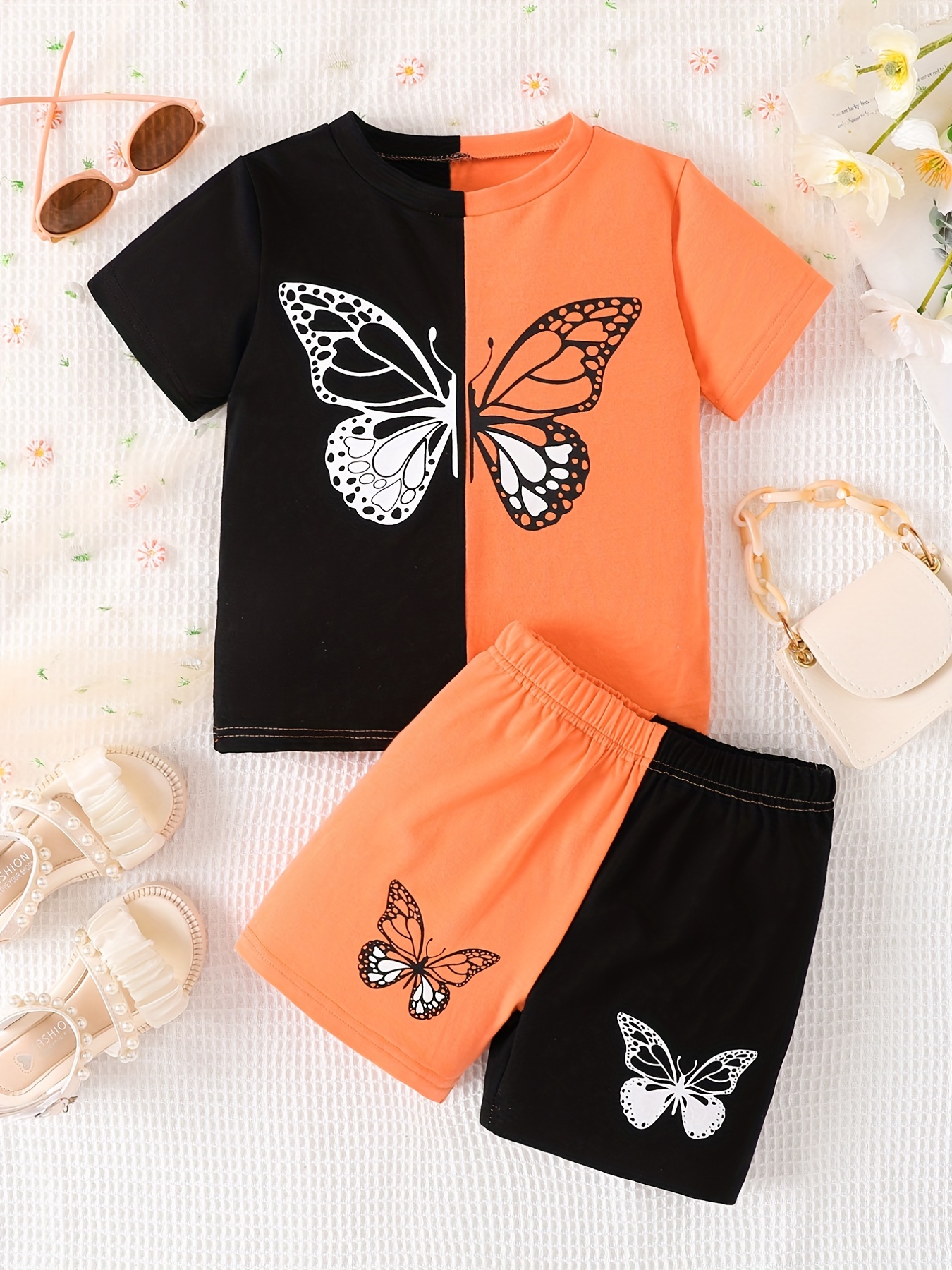 2-piece Kid Girl Letter Print Colorblock Tee and Dolphin Shorts Set