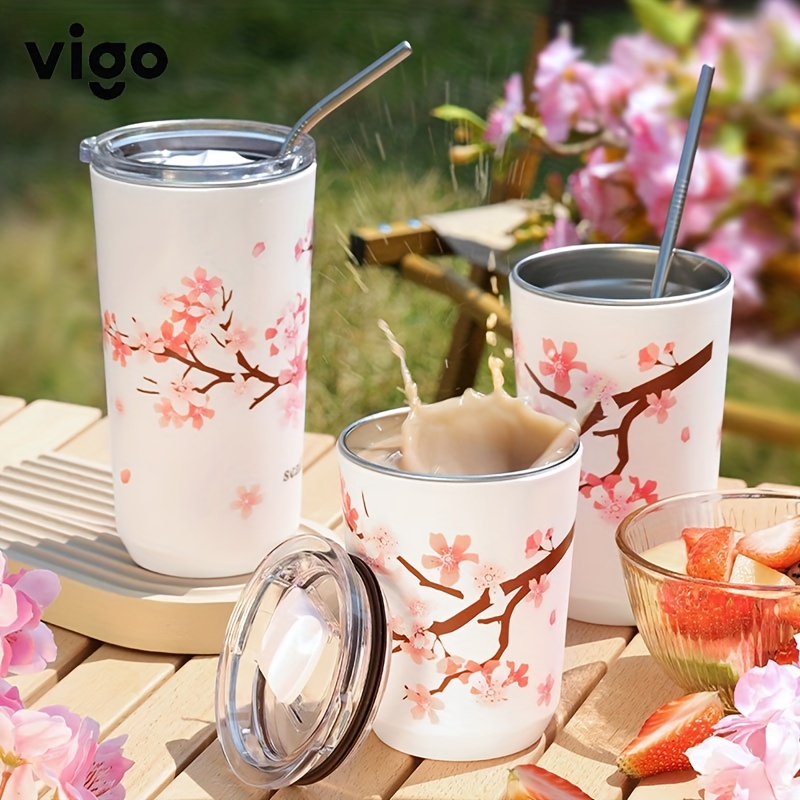

1pc, Sakura Tumbler With Lid - Stylish Stainless Steel Water Bottle With Cherry Blossom Flower Pattern - Perfect For Summer And Winter Drinks - Cute And Kawaii Pink Cup - Travel Accessory
