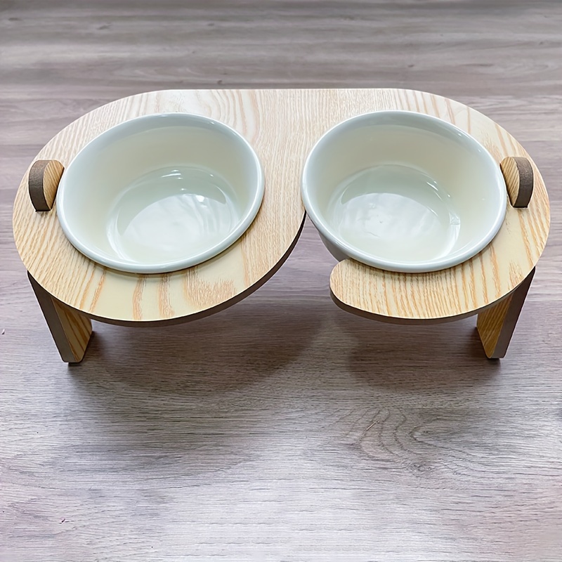 

1pc Raised Dog Double Bowls With Tilted Wooden Stand, Anti-choking Pet Food Bowl Drinking Basin For Dog Cat Neck Protection