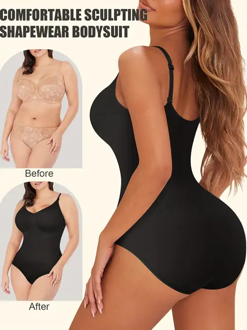 Contrast Mesh Shaping Bodysuit, Tummy Control Slimmer Plunging Thong Body  Shaper, Women's Underwear & Shapewear