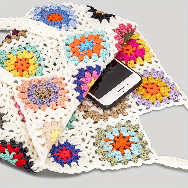 Floral Knitted Crochet Handbag, Slouchy Style Cute Shoulder Bag, Soft Stylish Portable Woven Bag